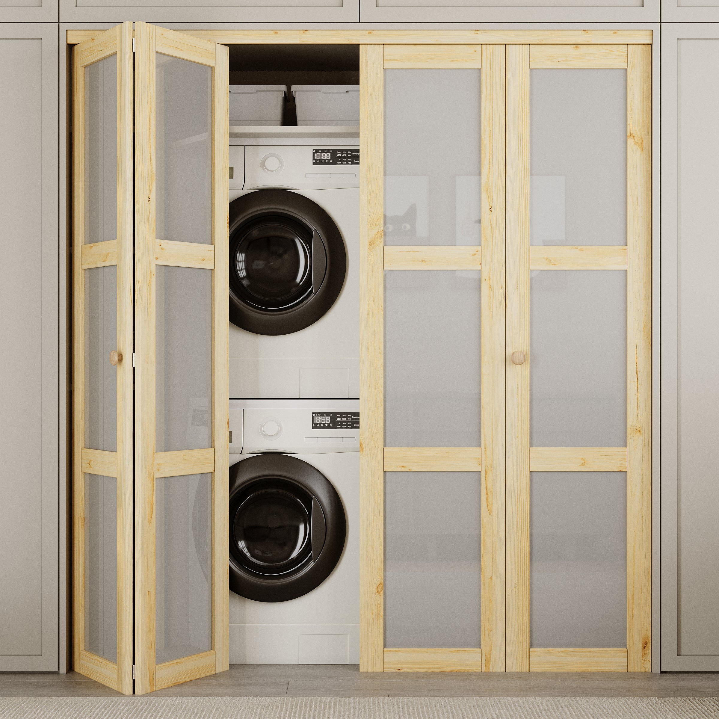 Ark Design 3-Lite Glass Solid Core Unfinished Pine Wood Interior Closet Bi-Fold Door with Hardware