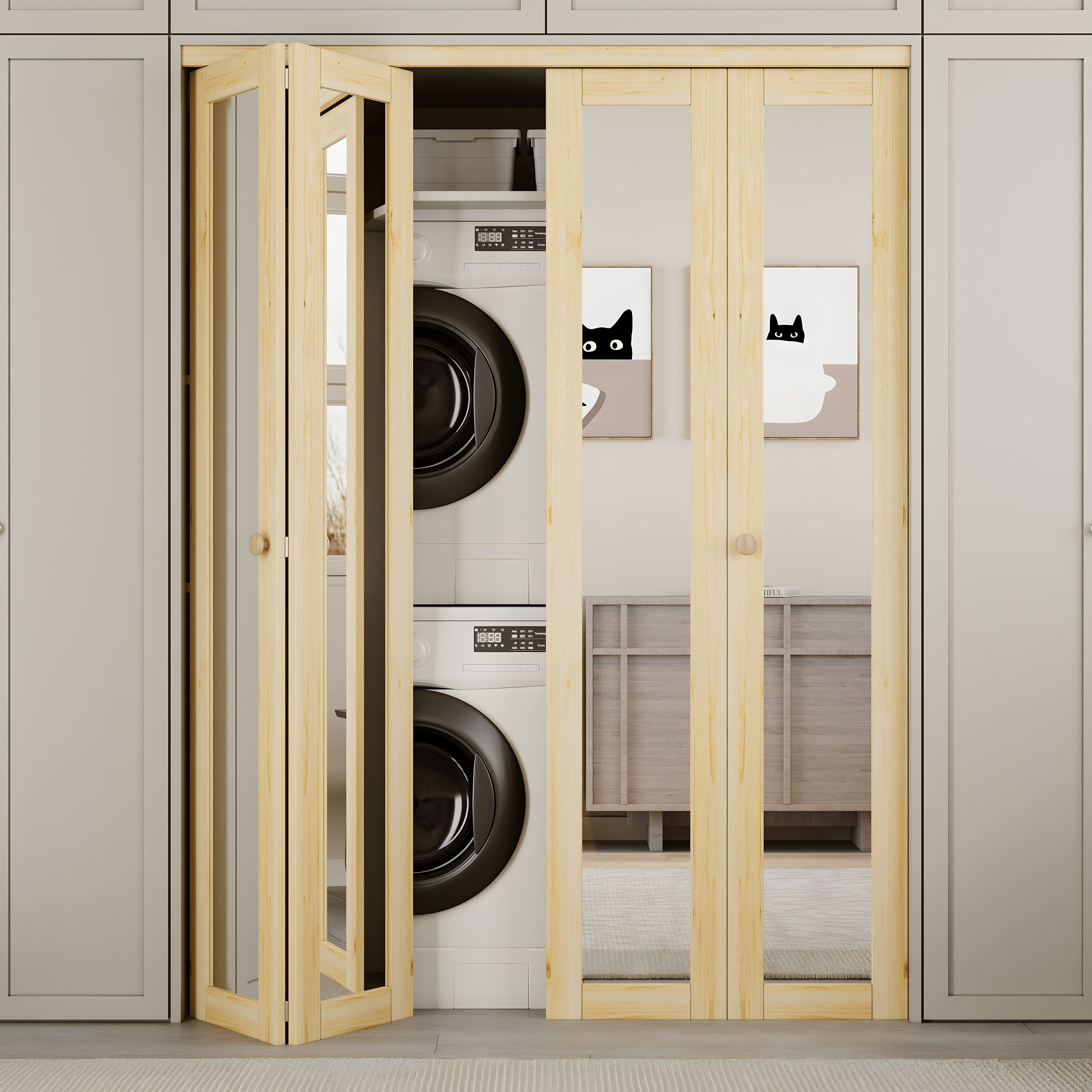 Ark Design 1-Lite Mirror Solid Core Unfinished Pine Wood Interior Closet Bi-Fold Door with Hardware