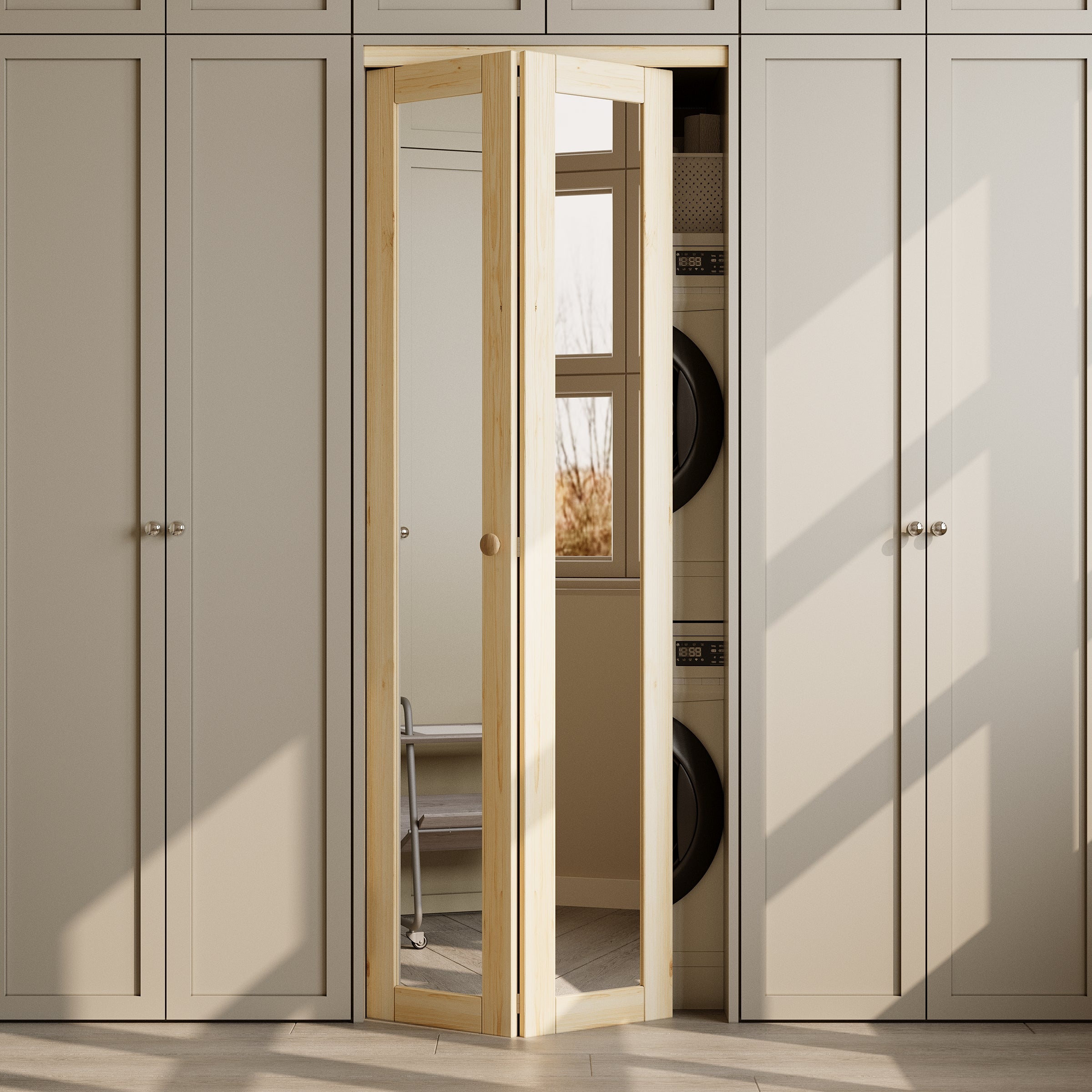 Ark Design 1-Lite Mirror Solid Core Unfinished Pine Wood Interior Closet Bi-Fold Door with Hardware