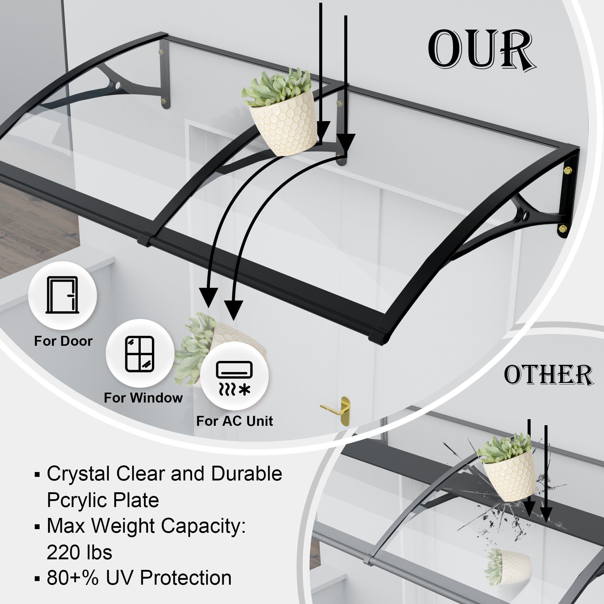 11.8 ft. Clear Acrylic Door and Window Aluminum Fixed Awning (10.2 in. H x 39.4 in. D)