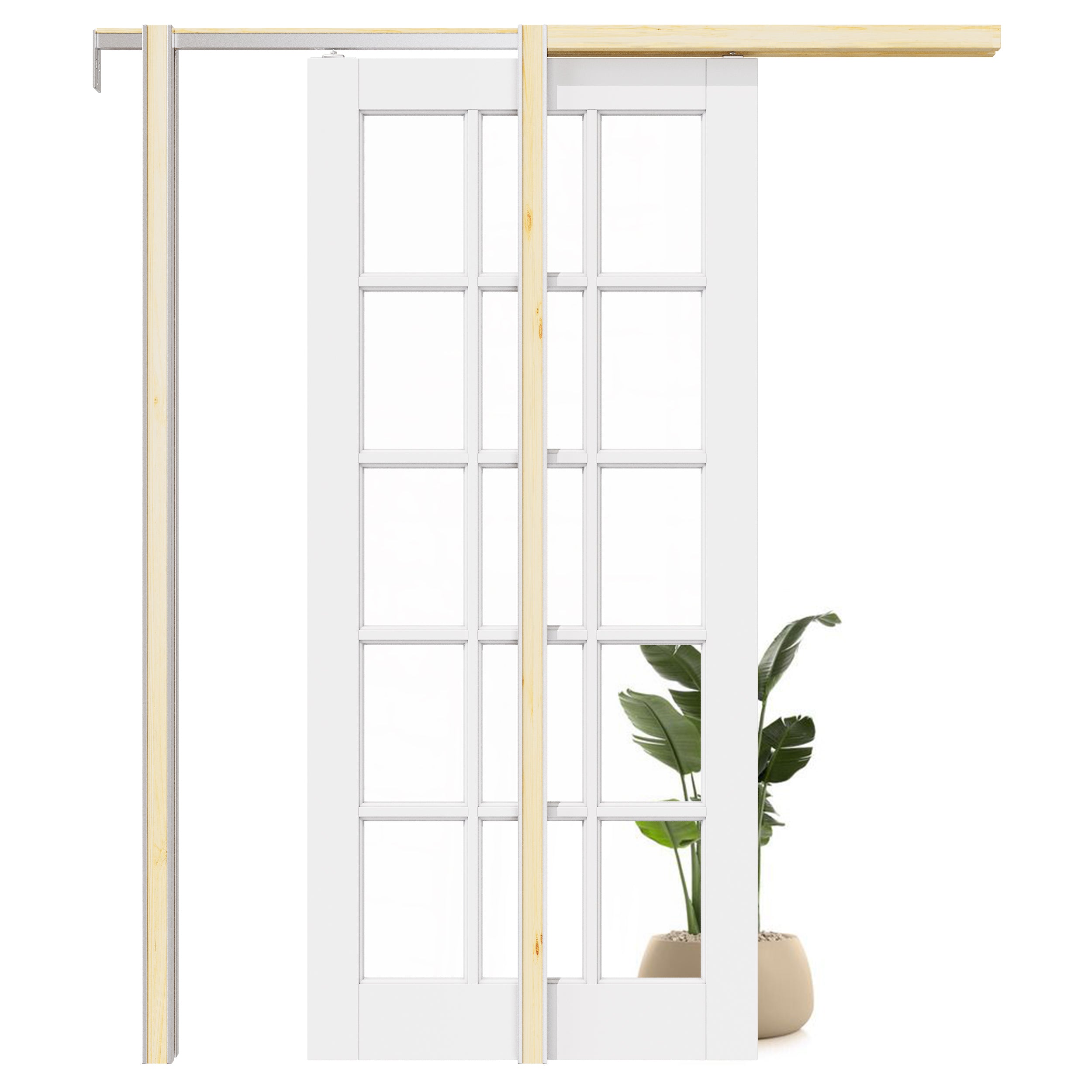Ark Design 15-Lite Clear Glass Pocket Door with Hardware Kit & Soft Close & Frame, MDF Wood & Paint-grade Finished, White