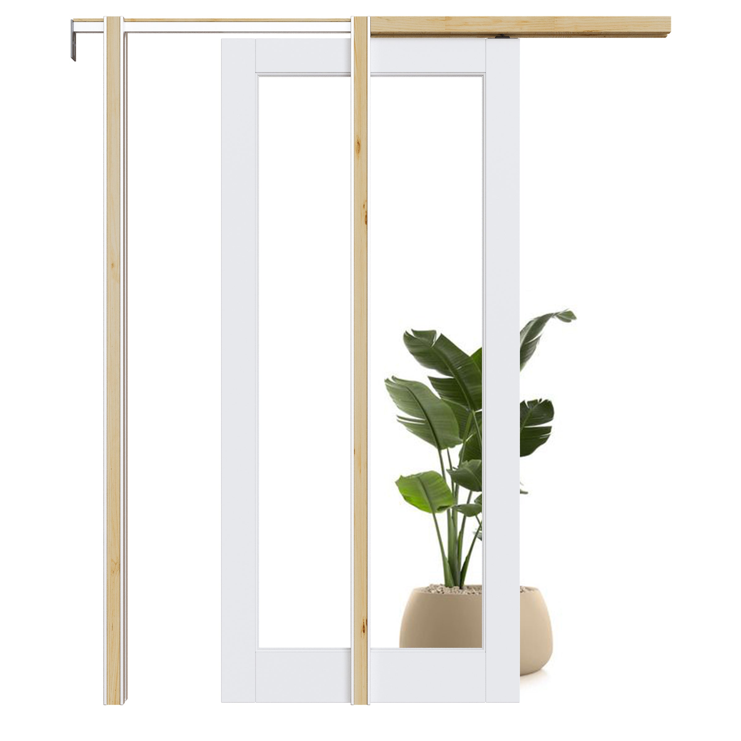 Ark Design 1-Lite Clear Glass Pocket Door with Hardware Kit & Soft Close & Frame, MDF Wood & Paint-grade Finished, White