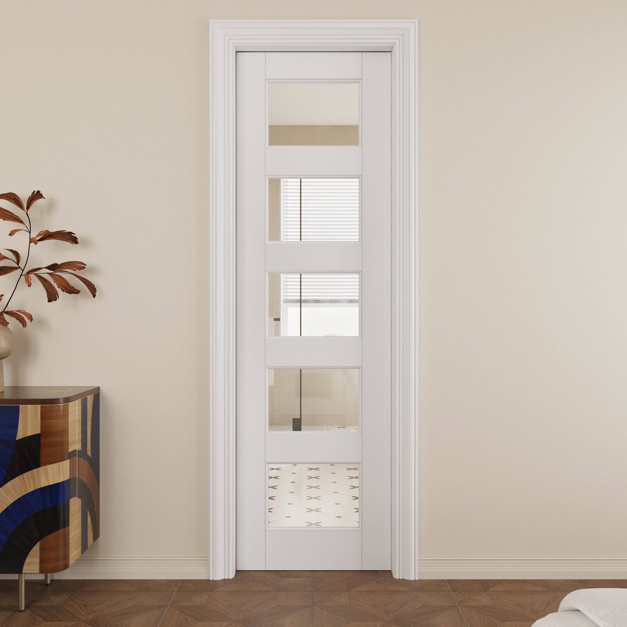 Ark Design 5-Lite Clear Glass Pocket Door with Hardware Kit & Soft Close & Frame, MDF Wood & Paint-grade Finished, White