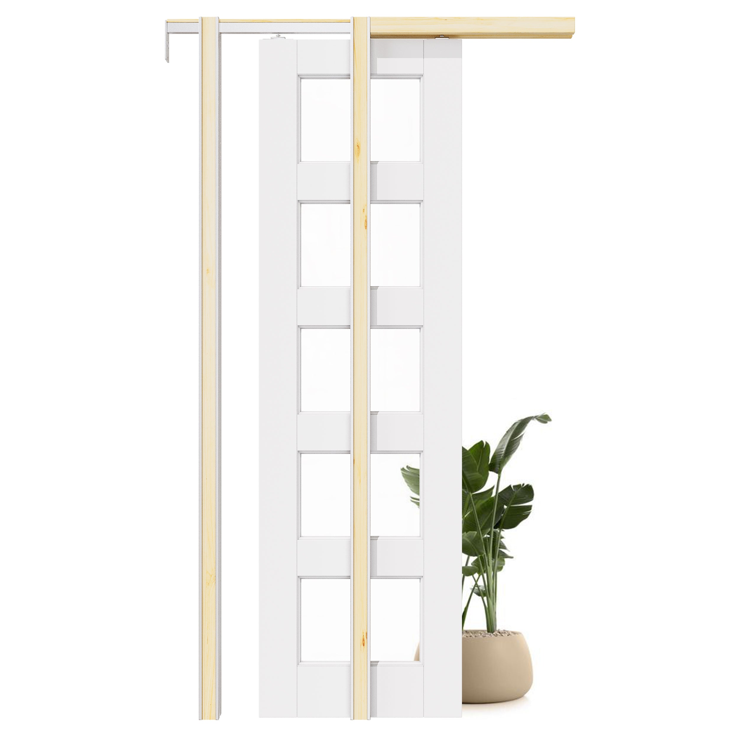 Ark Design 5-Lite Clear Glass Pocket Door with Hardware Kit & Soft Close & Frame, MDF Wood & Paint-grade Finished, White