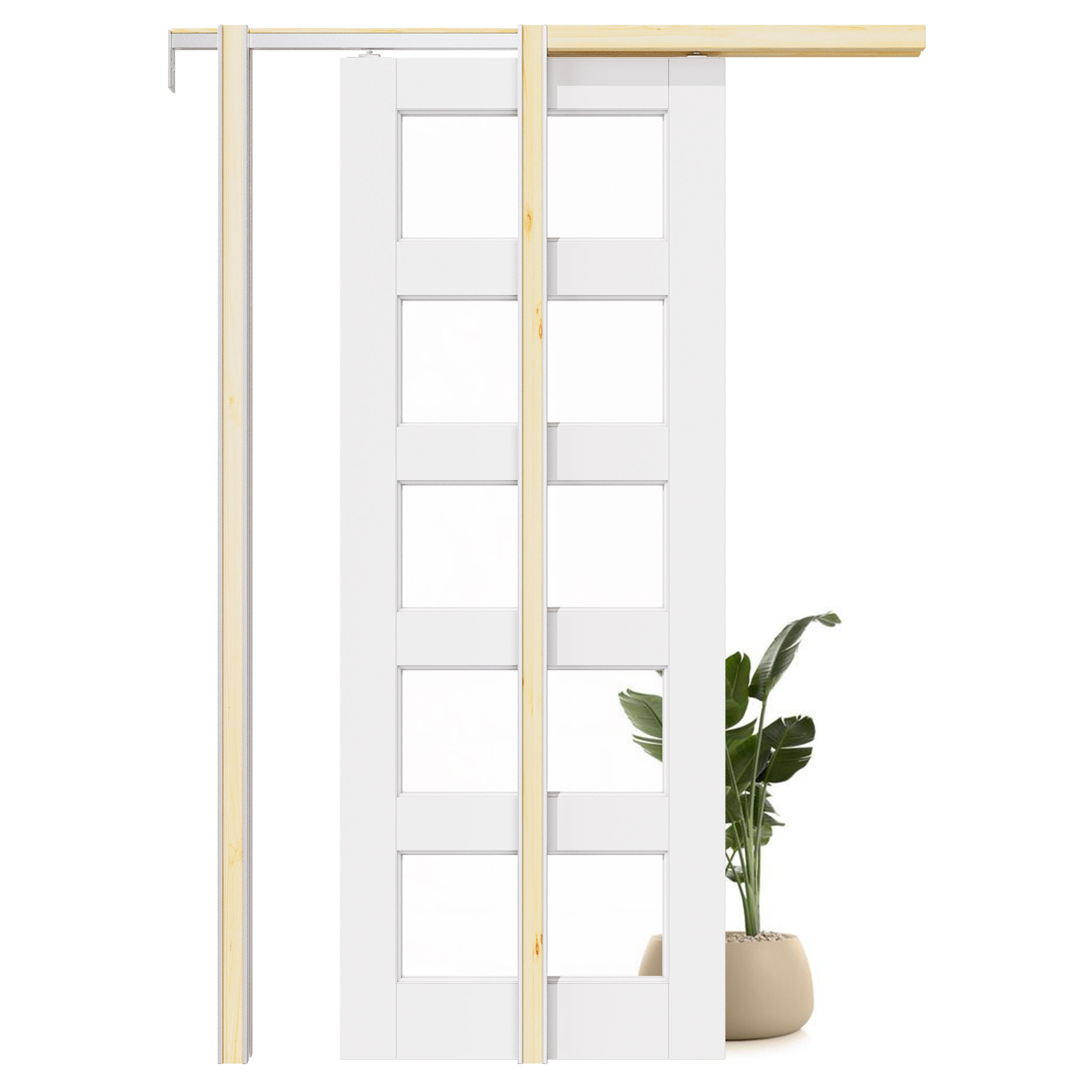 Ark Design 5-Lite Clear Glass Pocket Door with Hardware Kit & Soft Close & Frame, MDF Wood & Paint-grade Finished, White