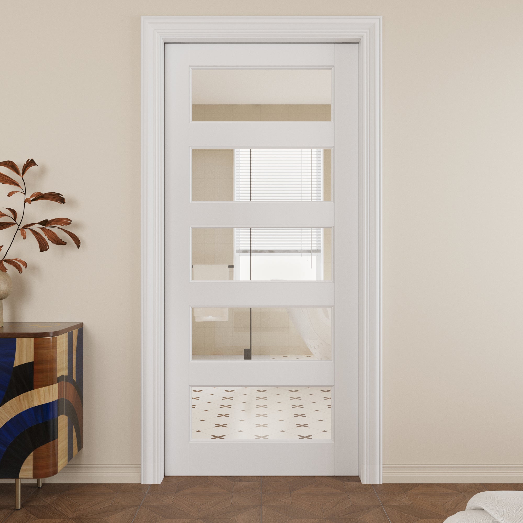 Ark Design 5-Lite Clear Glass Pocket Door with Hardware Kit & Soft Close & Frame, MDF Wood & Paint-grade Finished, White