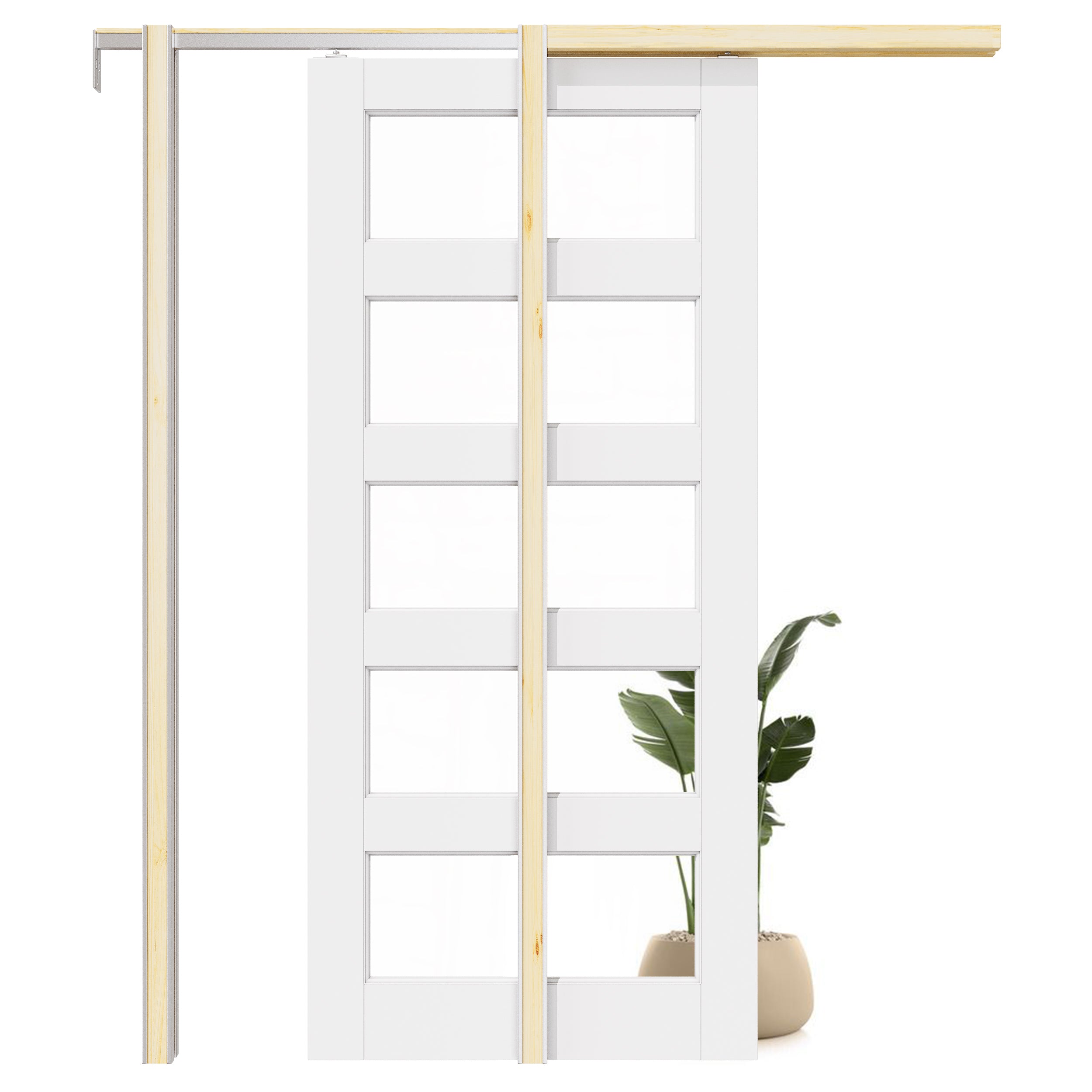 Ark Design 5-Lite Clear Glass Pocket Door with Hardware Kit & Soft Close & Frame, MDF Wood & Paint-grade Finished, White