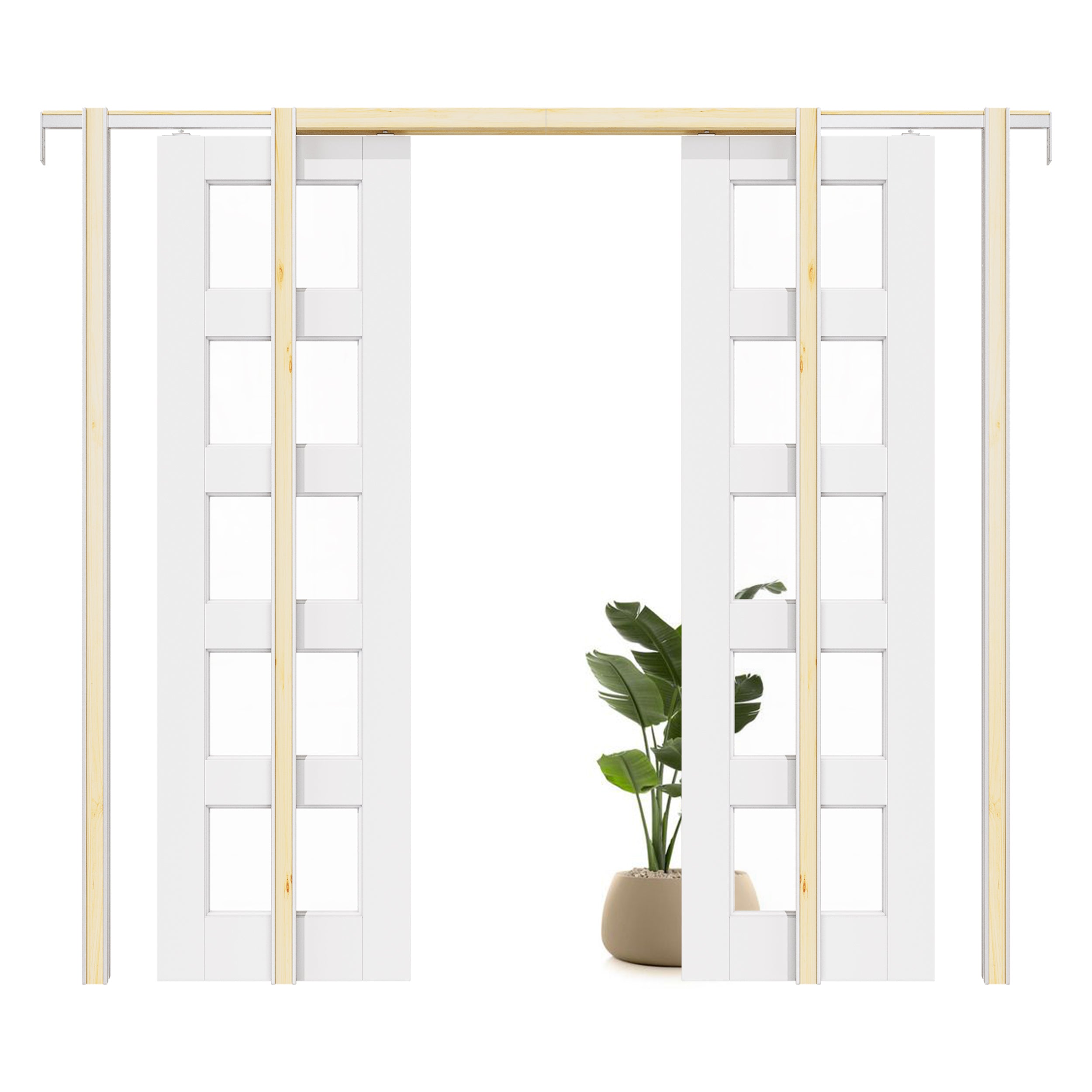 Ark Design 5-Lite Clear Glass Pocket Door with Hardware Kit & Soft Close & Frame, MDF Wood & Paint-grade Finished, White