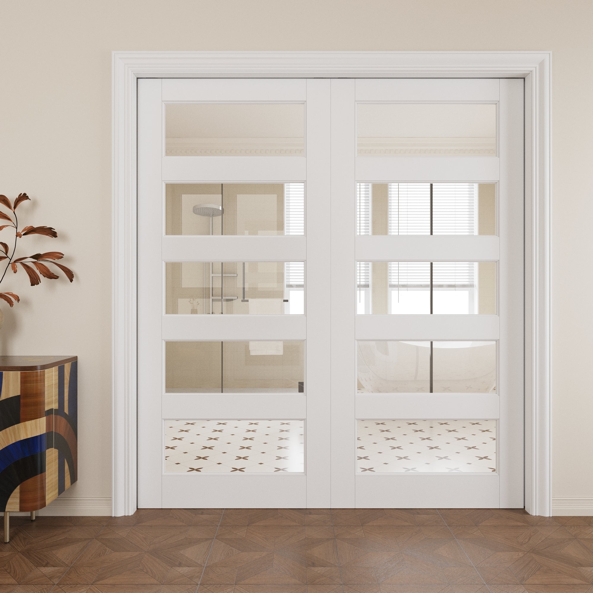 Ark Design 5-Lite Clear Glass Pocket Door with Hardware Kit & Soft Close & Frame, MDF Wood & Paint-grade Finished, White