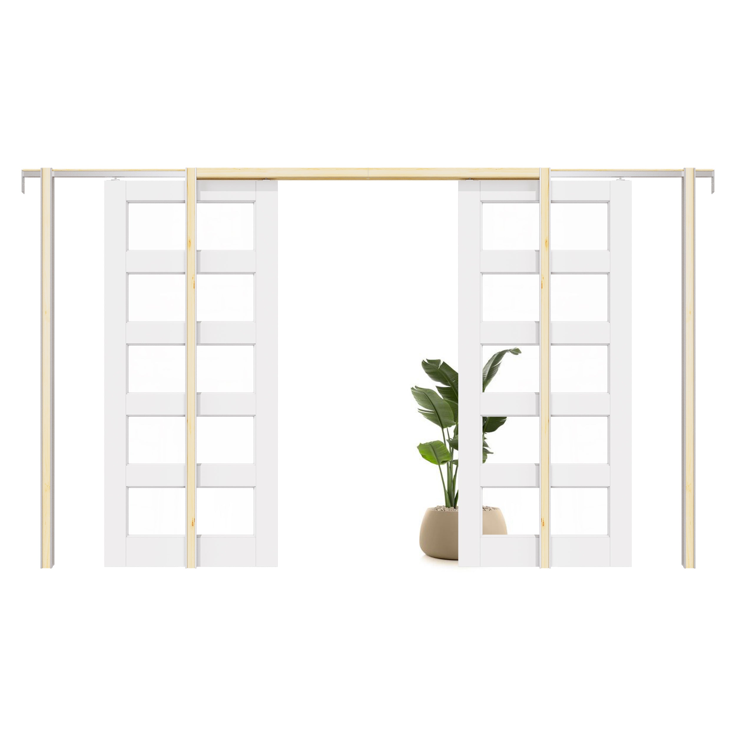 Ark Design 5-Lite Clear Glass Pocket Door with Hardware Kit & Soft Close & Frame, MDF Wood & Paint-grade Finished, White