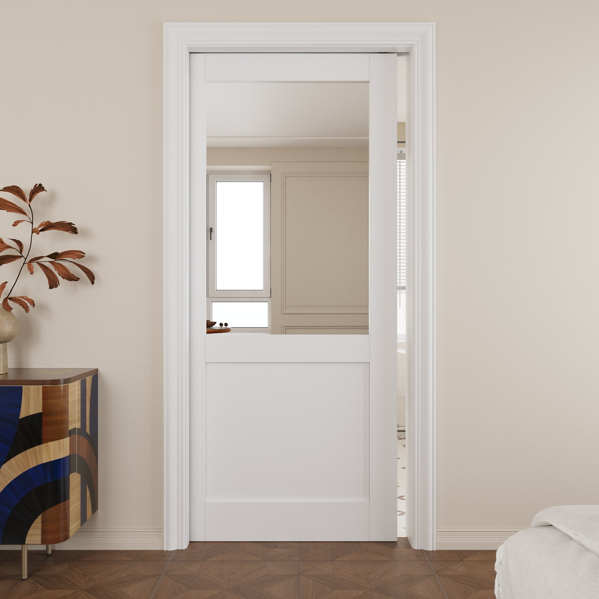 Ark Design Half-Lite Clear Glass Pocket Door with Hardware Kit & Soft Close & Frame, MDF Wood & Paint-grade Finished, White