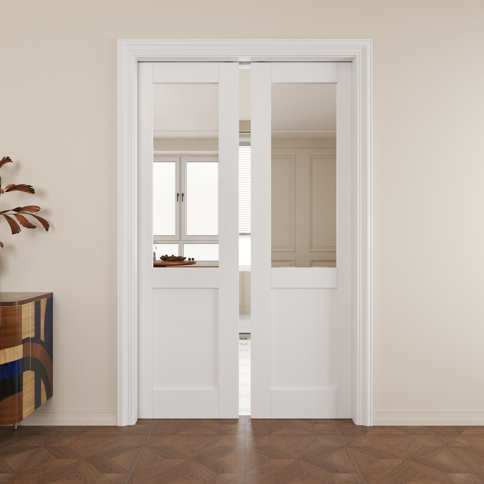 Ark Design Half-Lite Clear Glass Pocket Door with Hardware Kit & Soft Close & Frame, MDF Wood & Paint-grade Finished, White