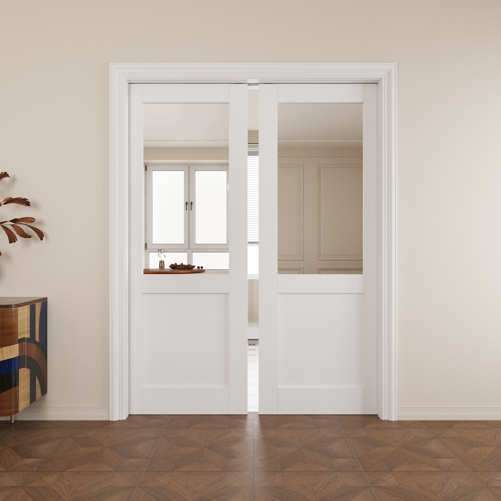 Ark Design Half-Lite Clear Glass Pocket Door with Hardware Kit & Soft Close & Frame, MDF Wood & Paint-grade Finished, White