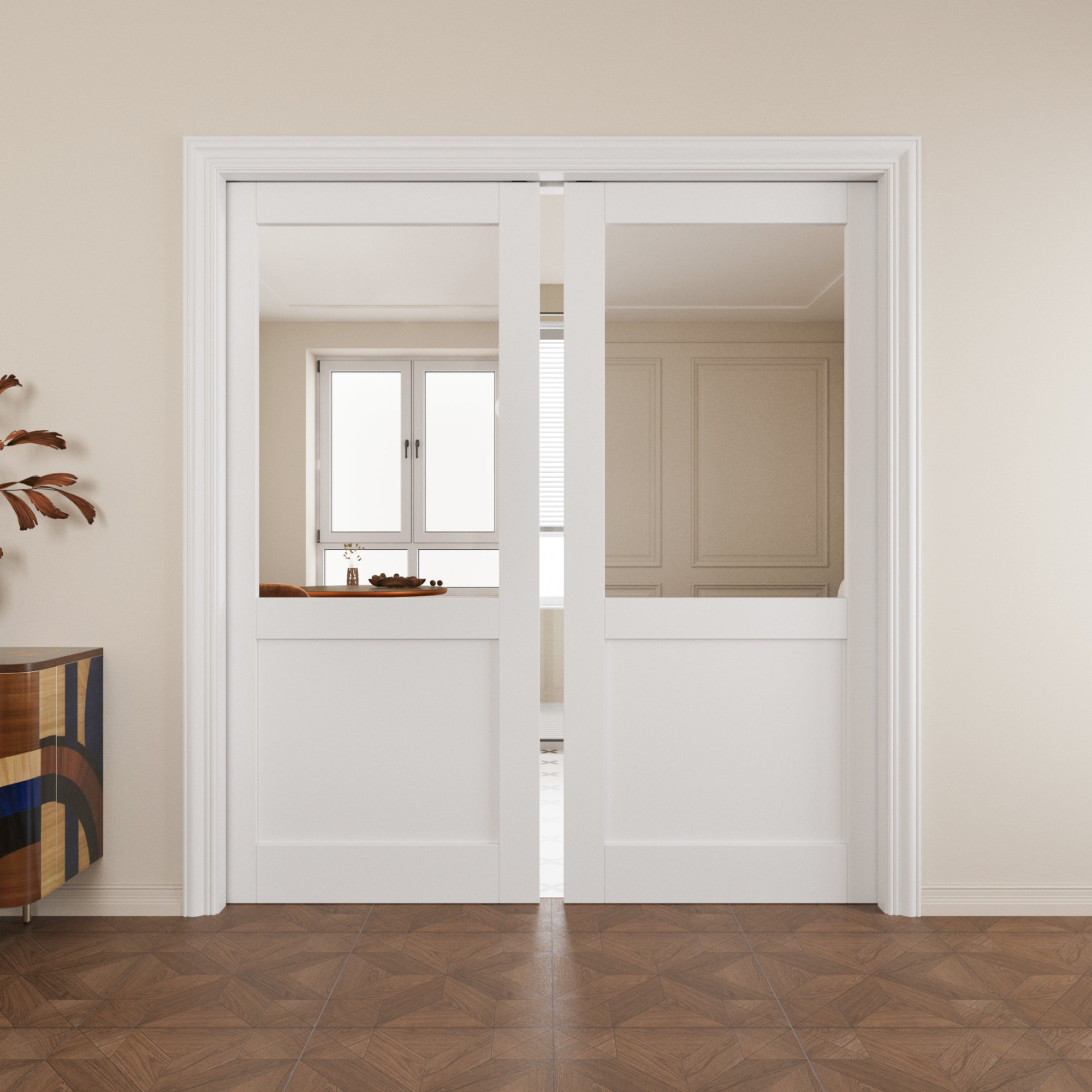 Ark Design Half-Lite Clear Glass Pocket Door with Hardware Kit & Soft Close & Frame, MDF Wood & Paint-grade Finished, White