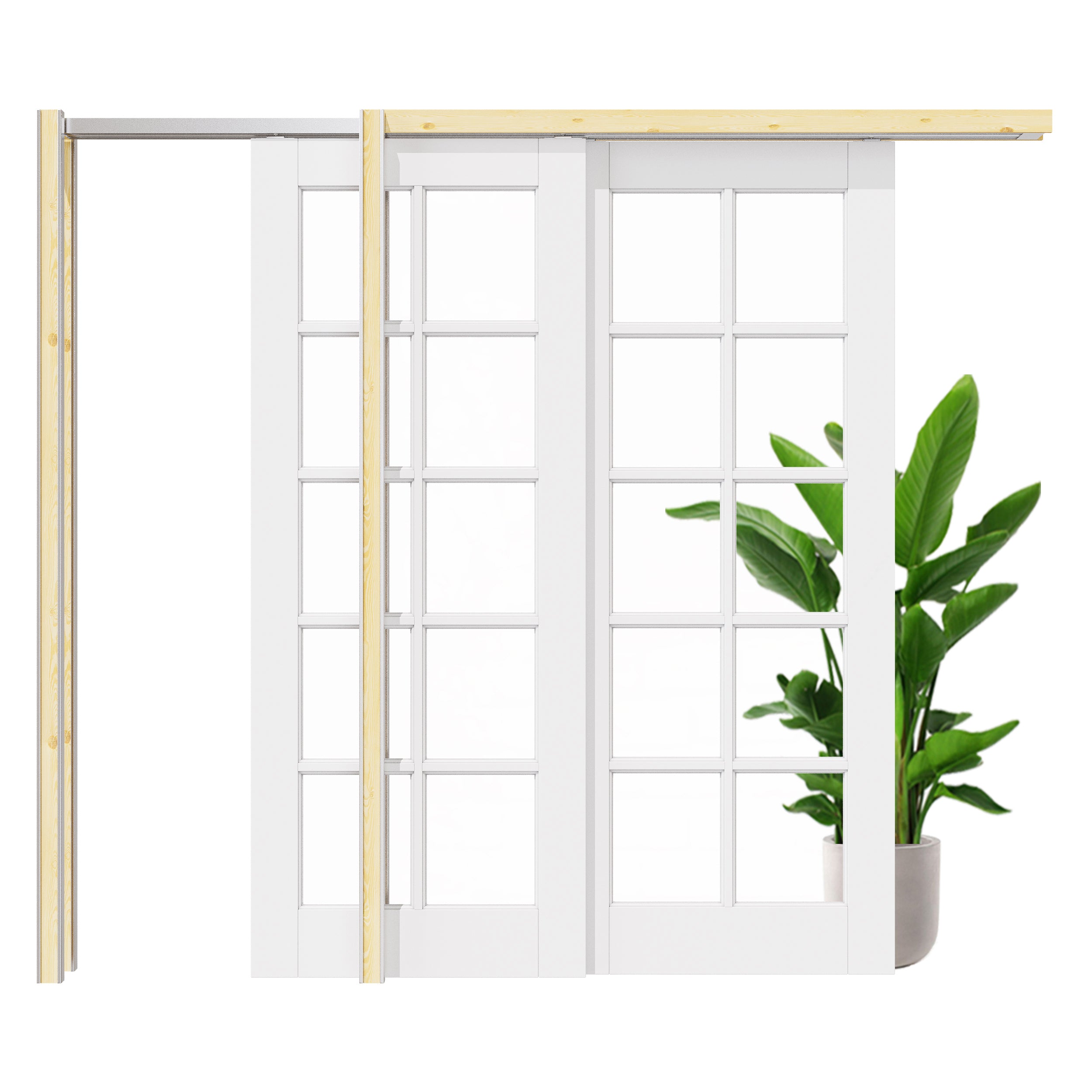 Ark Design 10 Lite Clear Glass Double Bypass Pocket Door with Hardware Kit & Soft Close & Frame, Solid Core MDF Wood & Paint-grade Finished, White