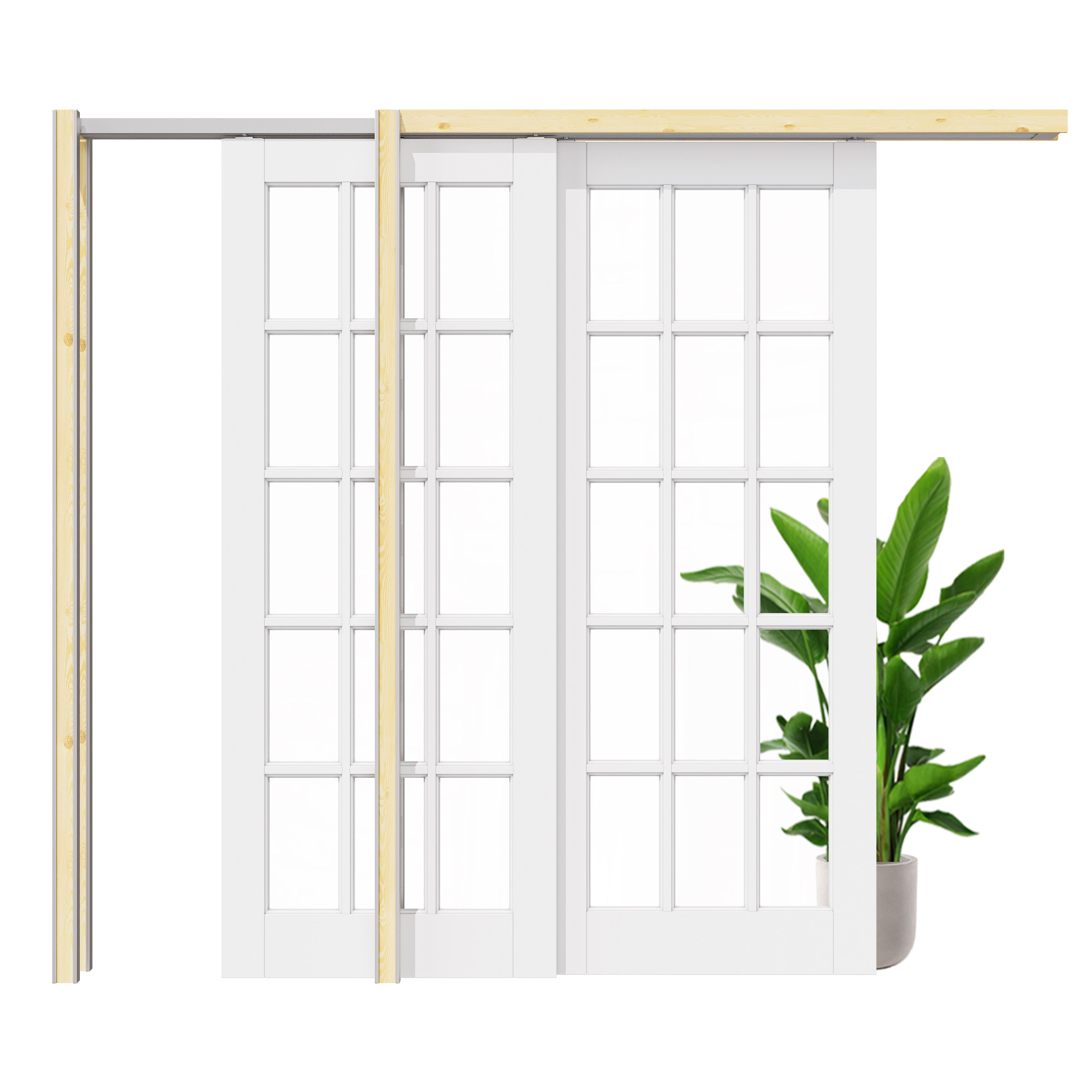 Ark Design 15 Lite Clear Glass Double Bypass Pocket Door with Hardware Kit & Soft Close & Frame, Solid Core MDF Wood & Paint-grade Finished, White