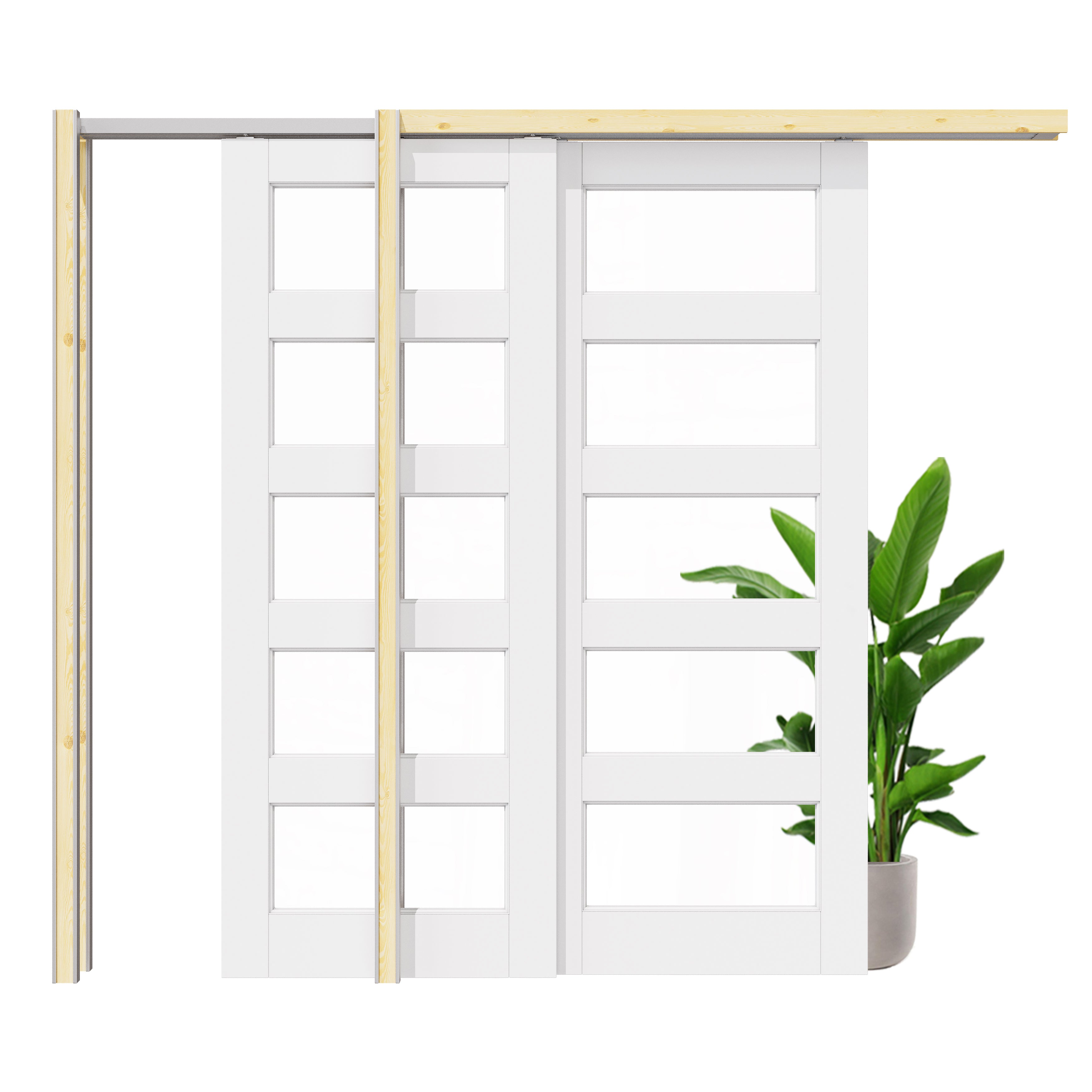 Ark Design 5 Lite Clear Glass Double Bypass Pocket Door with Hardware Kit & Soft Close & Frame, Solid Core MDF Wood & Paint-grade Finished, White
