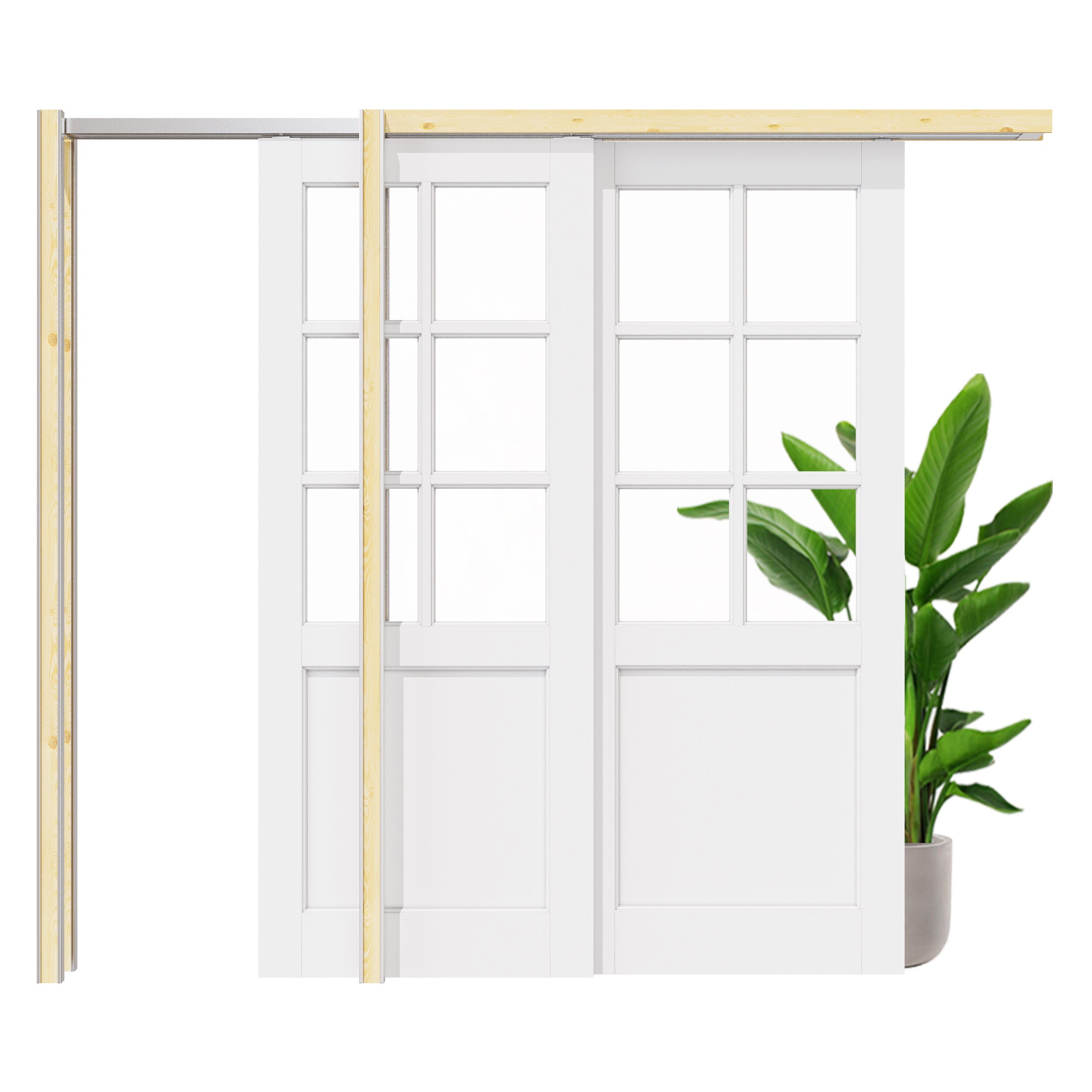 Ark Design 6 Lite Clear Glass Double Bypass Pocket Door with Hardware Kit & Soft Close & Frame, Solid Core MDF Wood & Paint-grade Finished, White