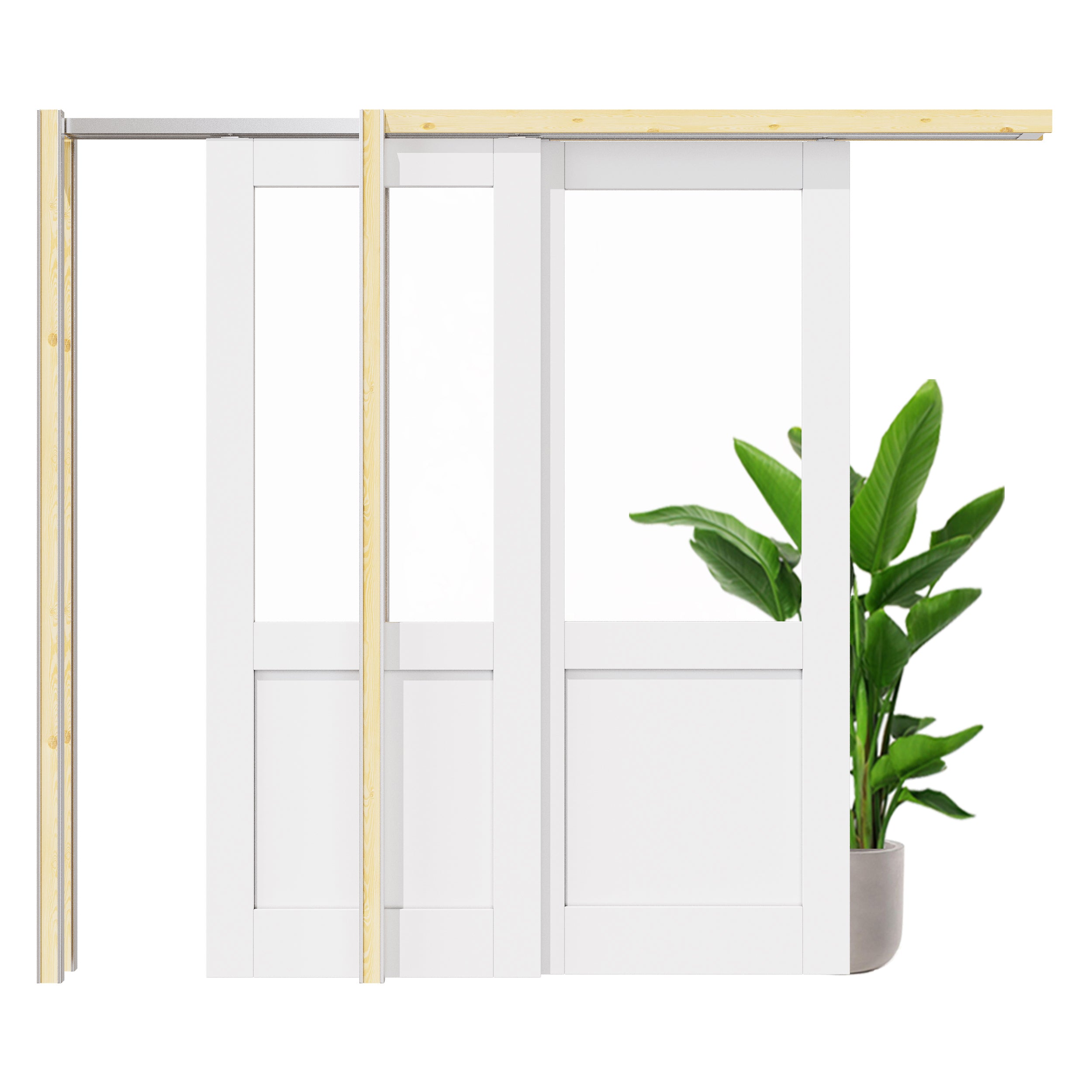 Ark Design Half Lite Clear Glass Double Bypass Pocket Door with Hardware Kit & Soft Close & Frame, Solid Core MDF Wood & Paint-grade Finished, White