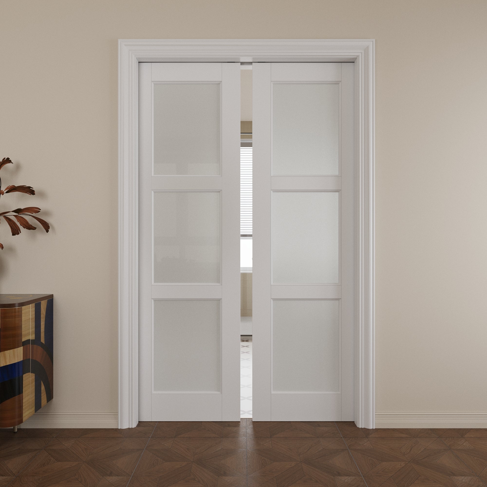 Ark Design 3-Lite Tempered Frosted Glass Pocket Door with Hardware Kit & Soft Close & Frame, Solid Core MDF Wood & Paint-grade Finished, White
