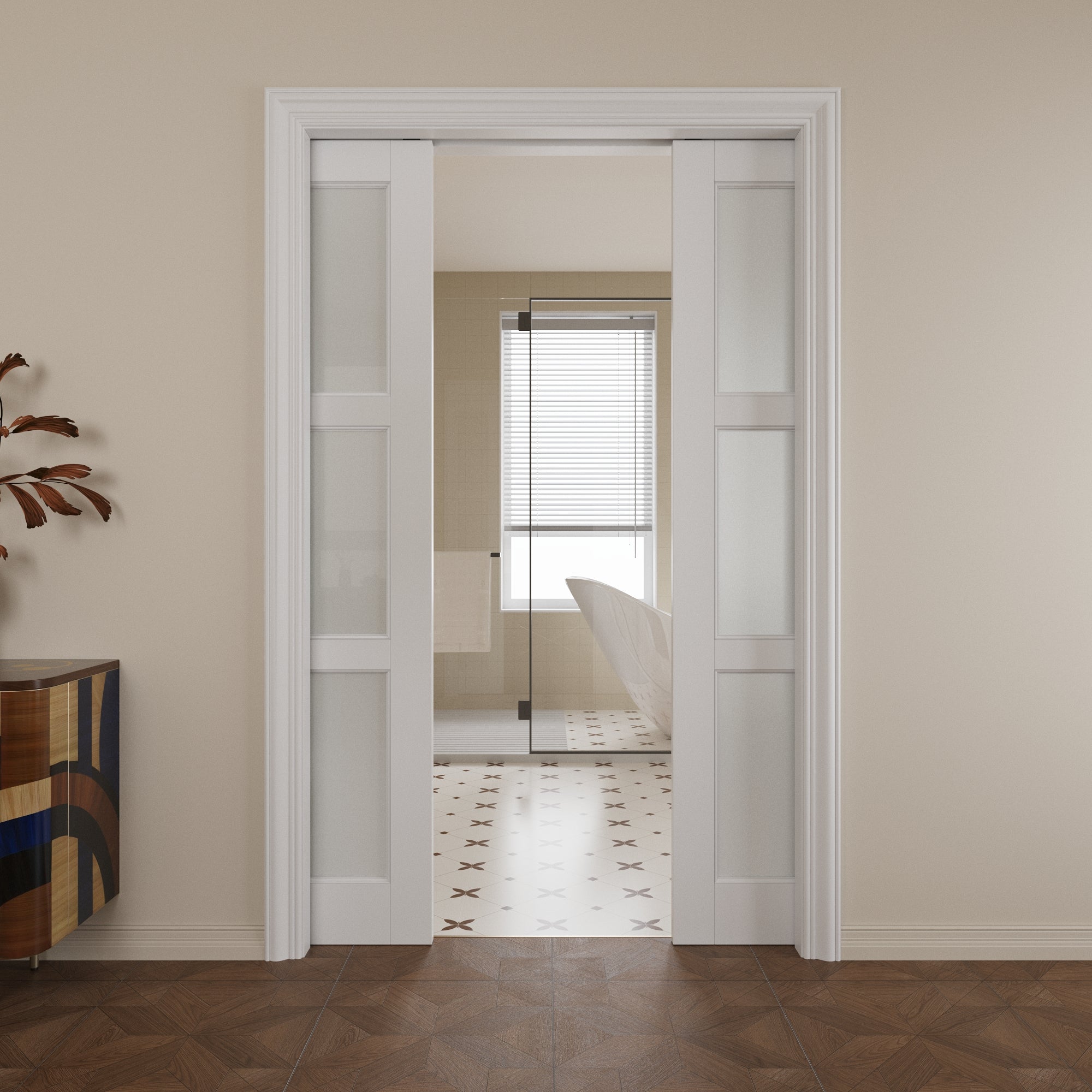 Ark Design 3-Lite Tempered Frosted Glass Pocket Door with Hardware Kit & Soft Close & Frame, Solid Core MDF Wood & Paint-grade Finished, White