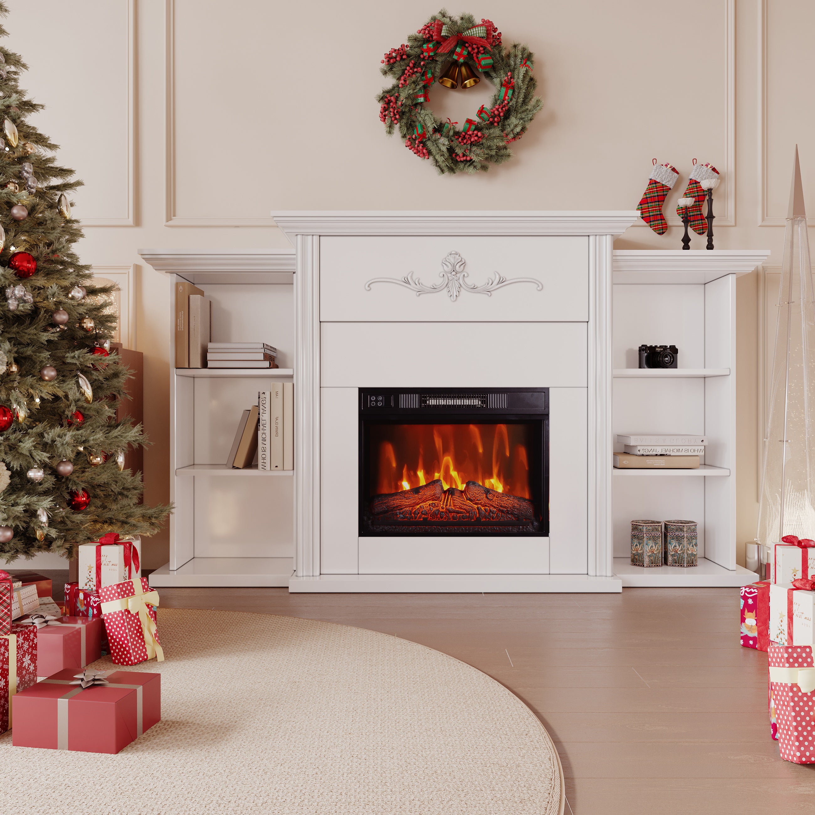 Electric Fireplace Mantel with 23" Electric Fireplace Insert, Wooden Surround Firebox Home Space Heater TV Stand with Log & Remote Control, Adjustable Led Flame 750W-1500W, White
