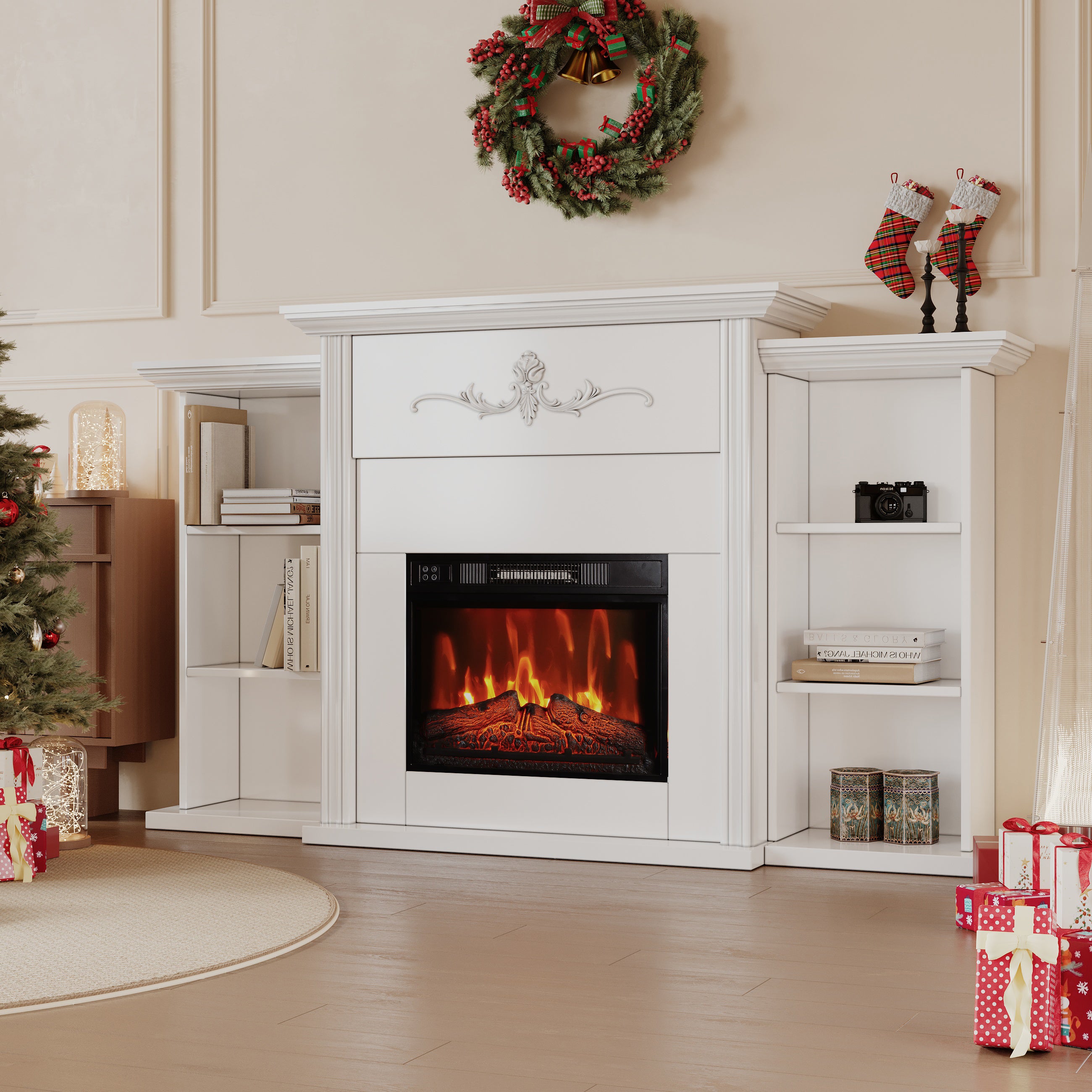Electric Fireplace Mantel with 23" Electric Fireplace Insert, Wooden Surround Firebox Home Space Heater TV Stand with Log & Remote Control, Adjustable Led Flame 750W-1500W, White