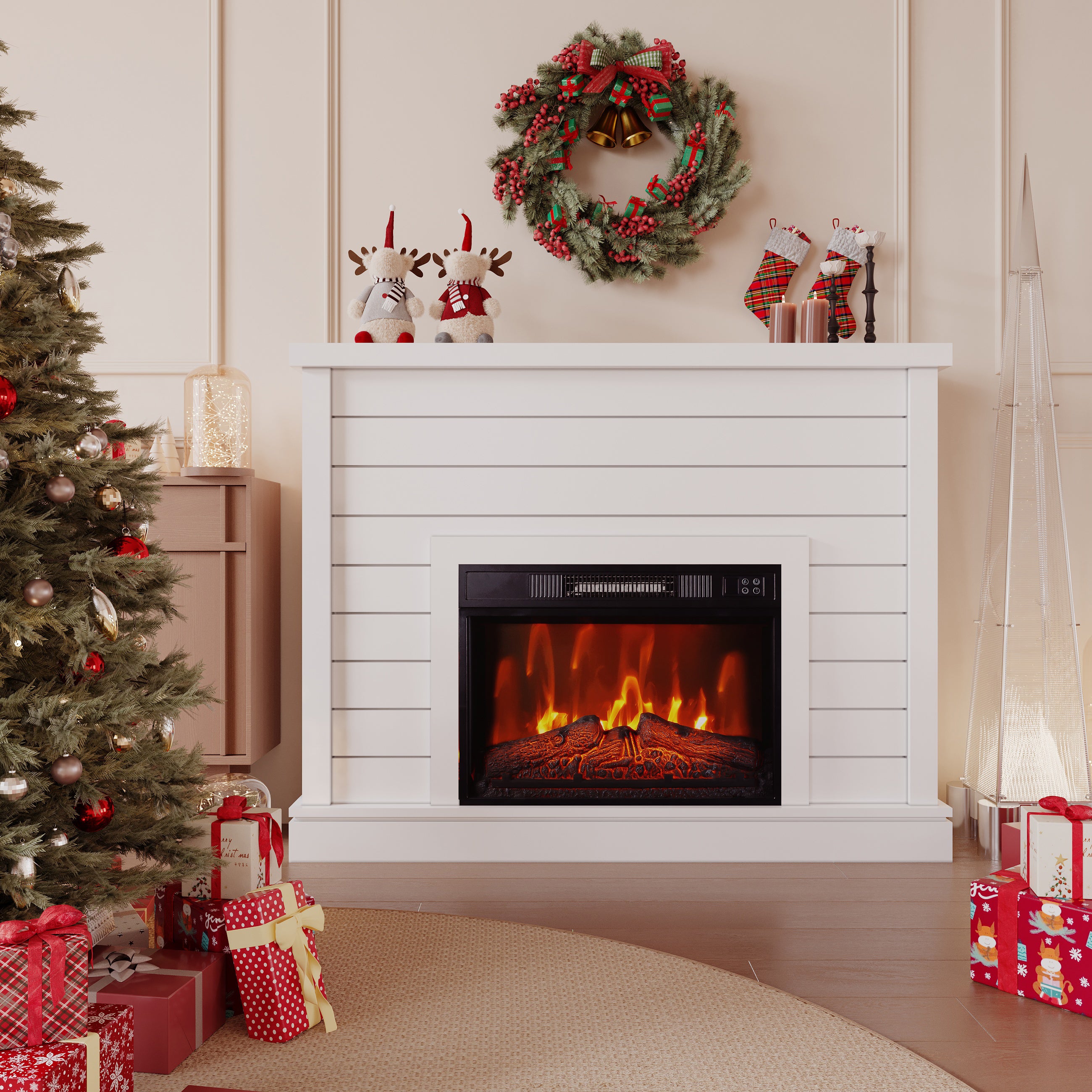 Electric Fireplace Mantel with 23" Electric Fireplace Insert, Package Freestanding Firebox TV Stand Corner Firebox with Log & Remote Control, 750W-1500W, White Stripes