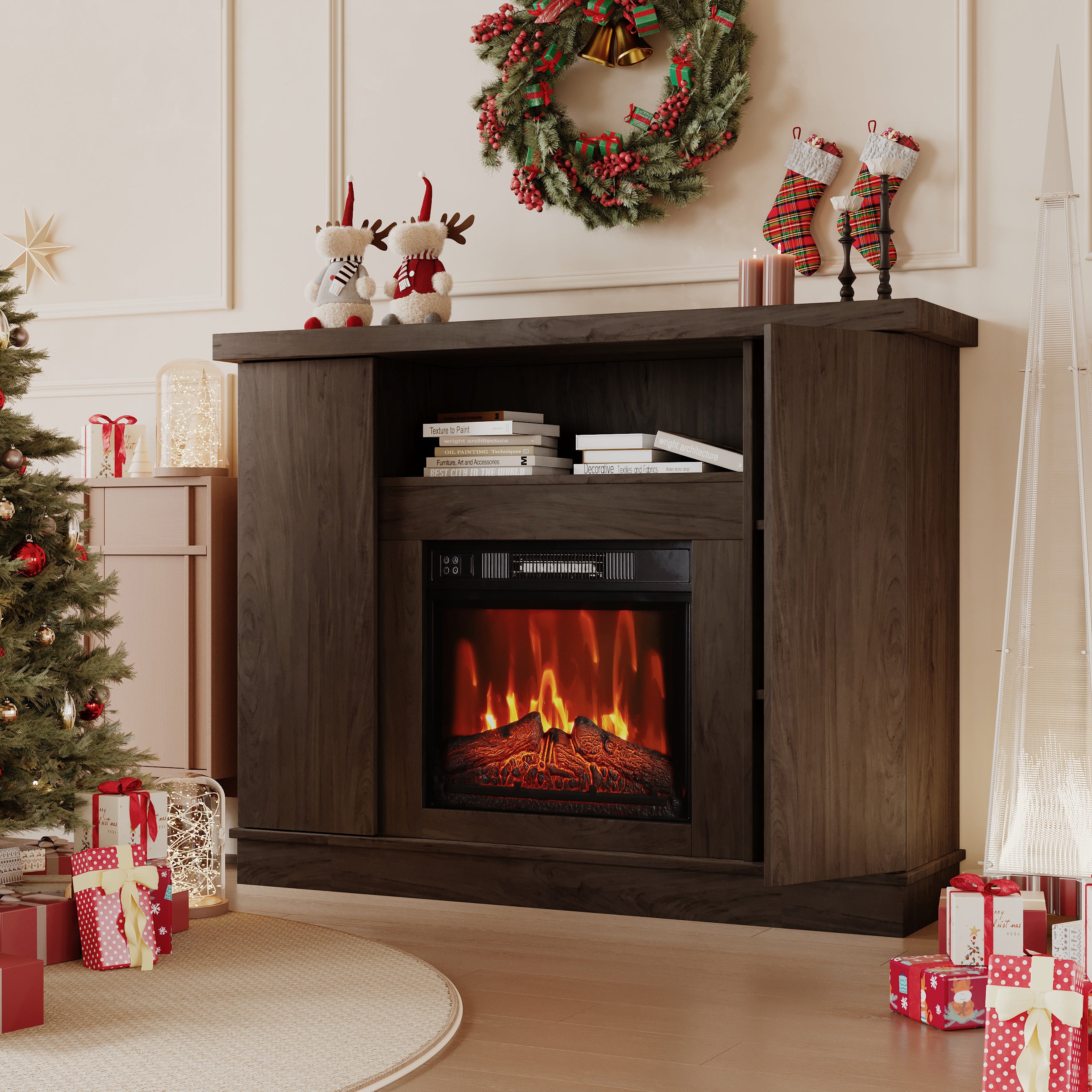 Electric Fireplace with Mantel 23" Electric Fireplace Insert, Package Freestanding Firebox TV Stand with Log & Remote Control, 750W-1500W, Brown