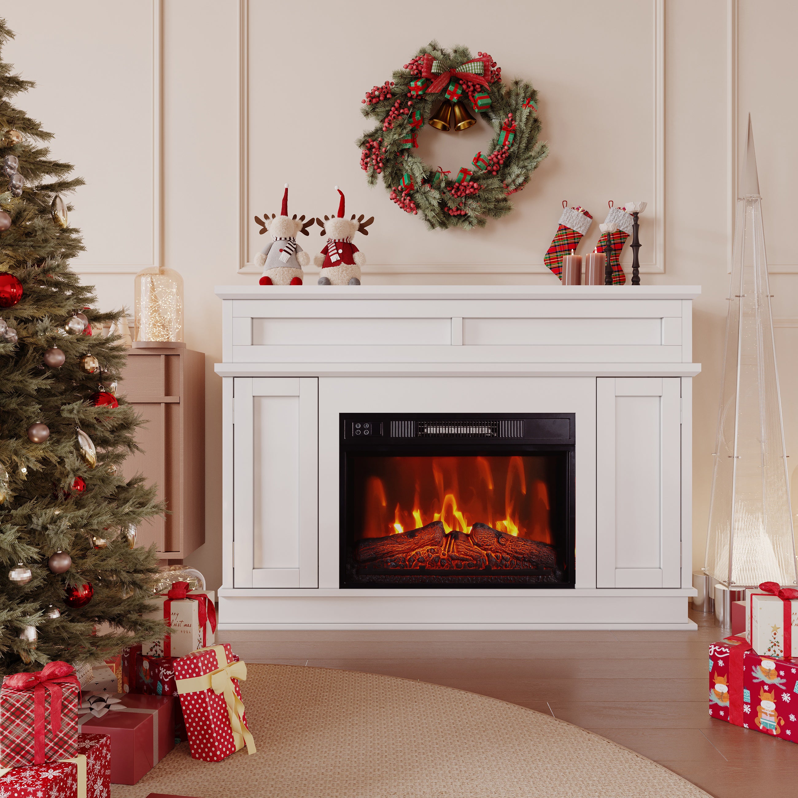 Electric Fireplace Mantel with 23" Electric Fireplace Insert, Package Freestanding Firebox TV Stand Corner Firebox with Log & Remote Control, 750W-1500W, White Stripes