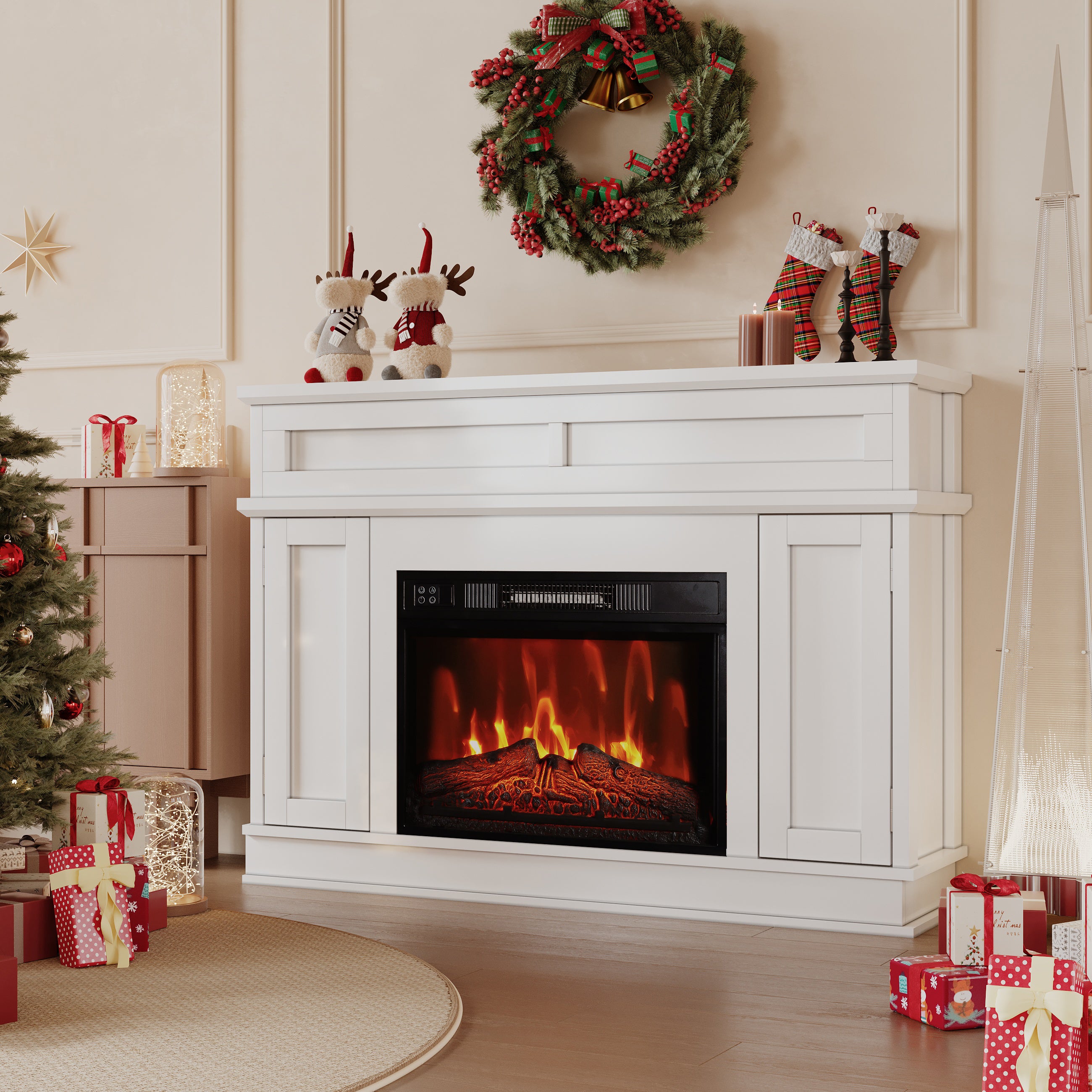 Electric Fireplace Mantel with 23" Electric Fireplace Insert, Package Freestanding Firebox TV Stand Corner Firebox with Log & Remote Control, 750W-1500W, White Stripes