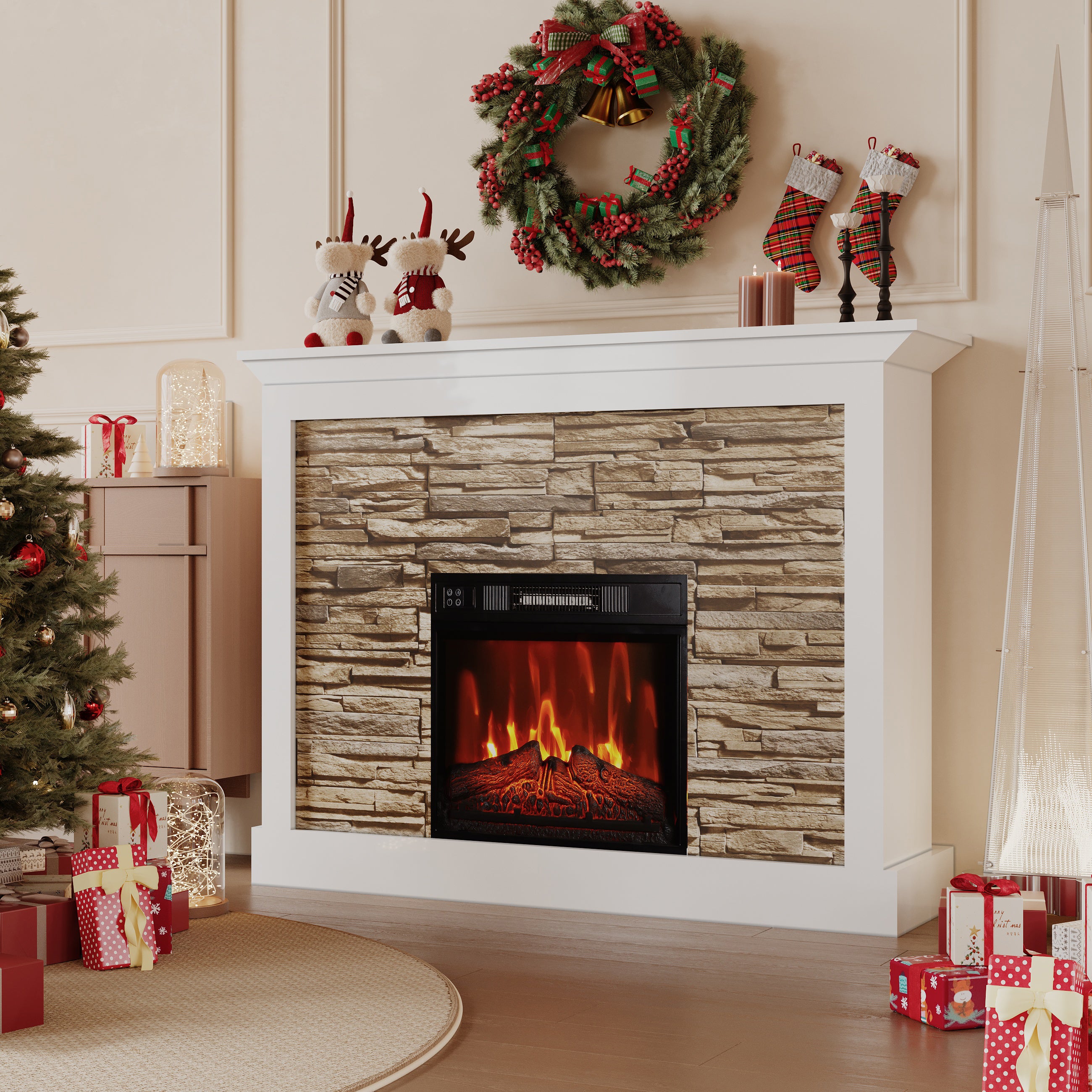 Electric Fireplace with Mantel 23" Electric Fireplace Insert, Wooden Surround Firebox Free Standing TV Stand with Log & Remote Control, 750W-1500W, Decorative Stones