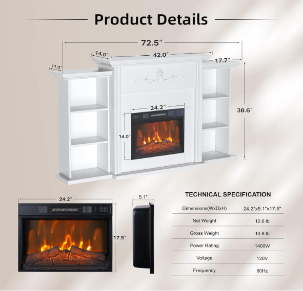 Electric Fireplace Mantel with 23" Electric Fireplace Insert, Wooden Surround Firebox Home Space Heater TV Stand with Log & Remote Control, Adjustable Led Flame 750W-1500W, White