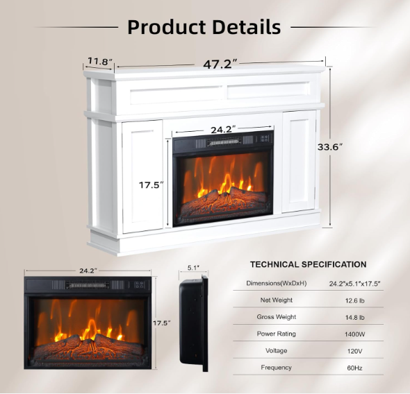 Electric Fireplace Mantel with 23" Electric Fireplace Insert, Package Freestanding Firebox TV Stand Corner Firebox with Log & Remote Control, 750W-1500W, White Stripes