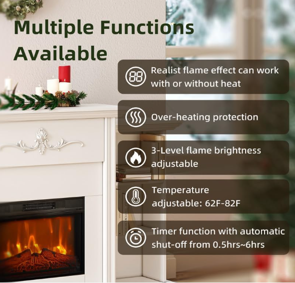 Electric Fireplace Mantel with 23" Electric Fireplace Insert, Wooden Surround Firebox Home Space Heater TV Stand with Log & Remote Control, Adjustable Led Flame 750W-1500W, White