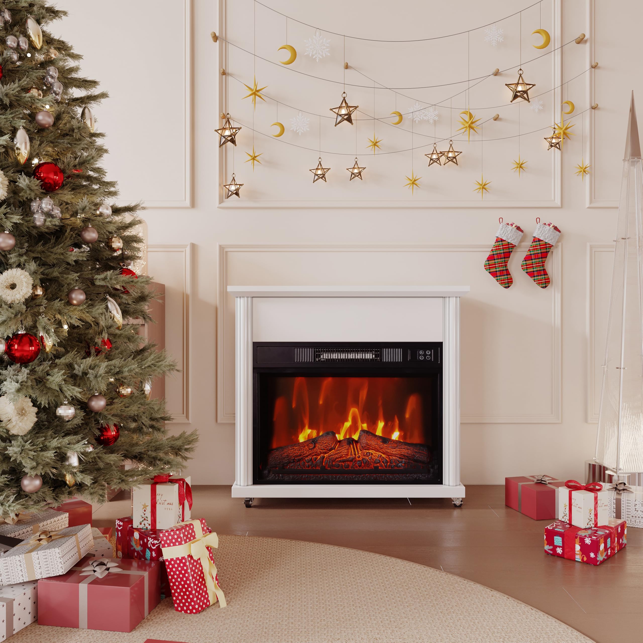 Electric Fireplace Mantel with 23" Fireplace Insert, Small Wooden Surround Firebox TV Stand Faux Log with Removable Wheels, Remote Control Adjustable Led Flame 750W-1500W, White