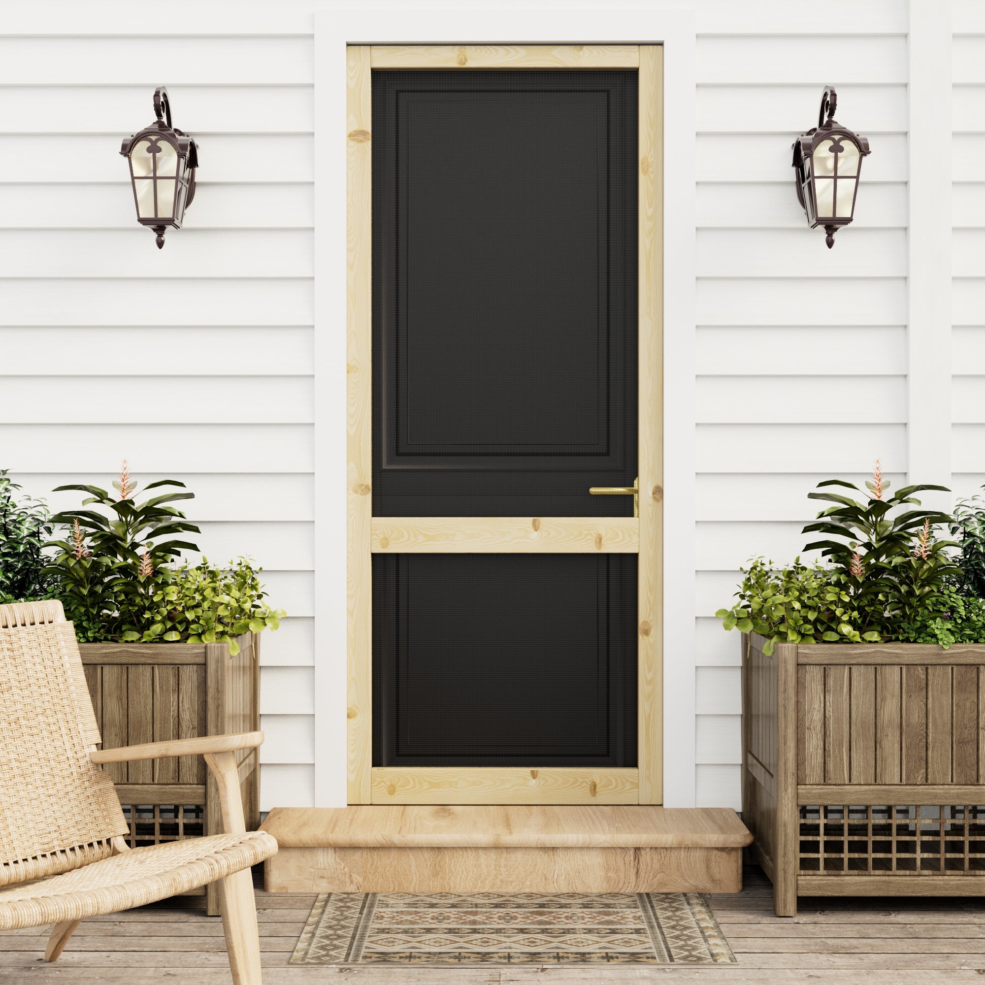 Ark Design Single Universal 2 Lite Paneled Railing Style Unfinished Pine Wood and Gauze Mesh Hinged Screen Door