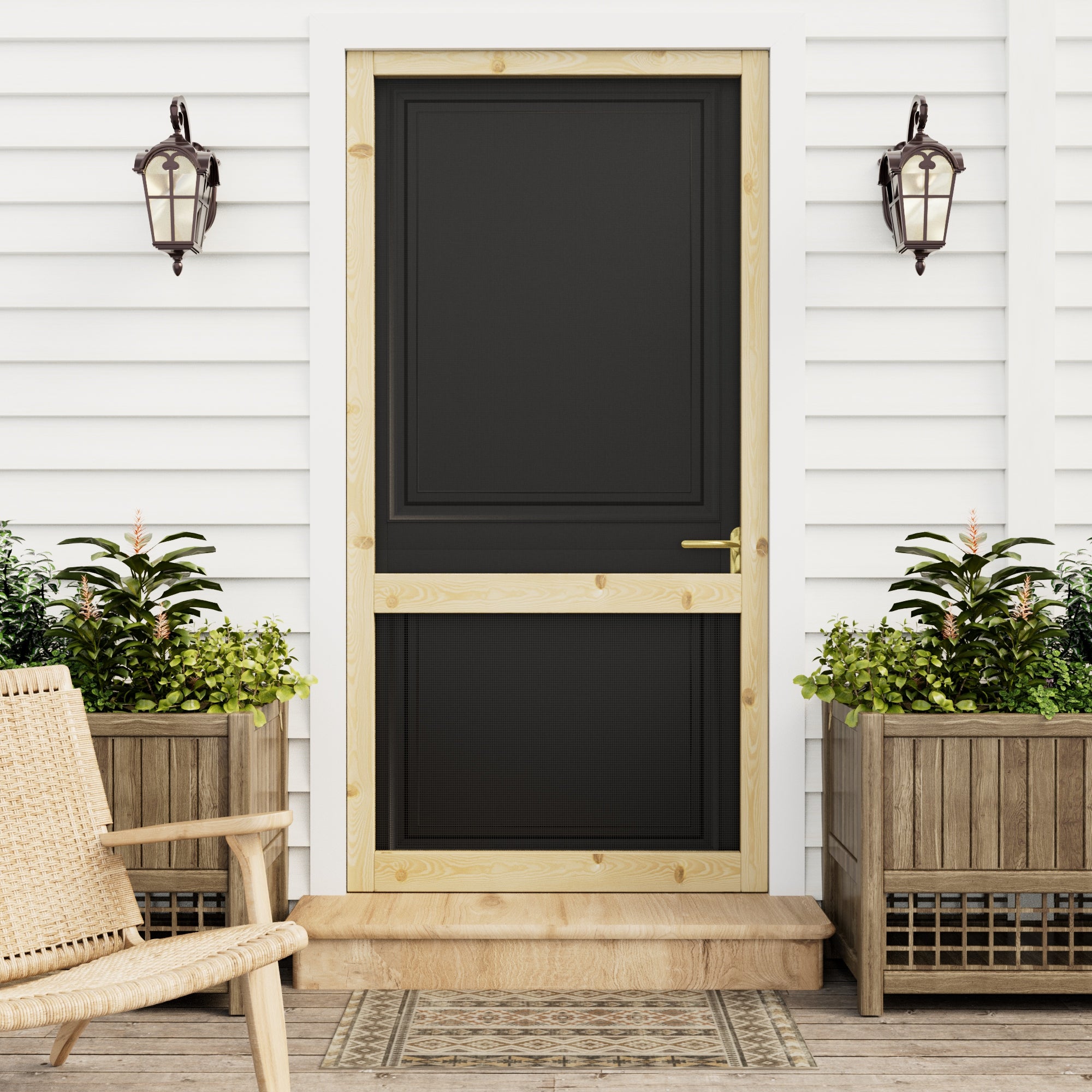 Ark Design Single Universal 2 Lite Paneled Railing Style Unfinished Pine Wood and Gauze Mesh Hinged Screen Door