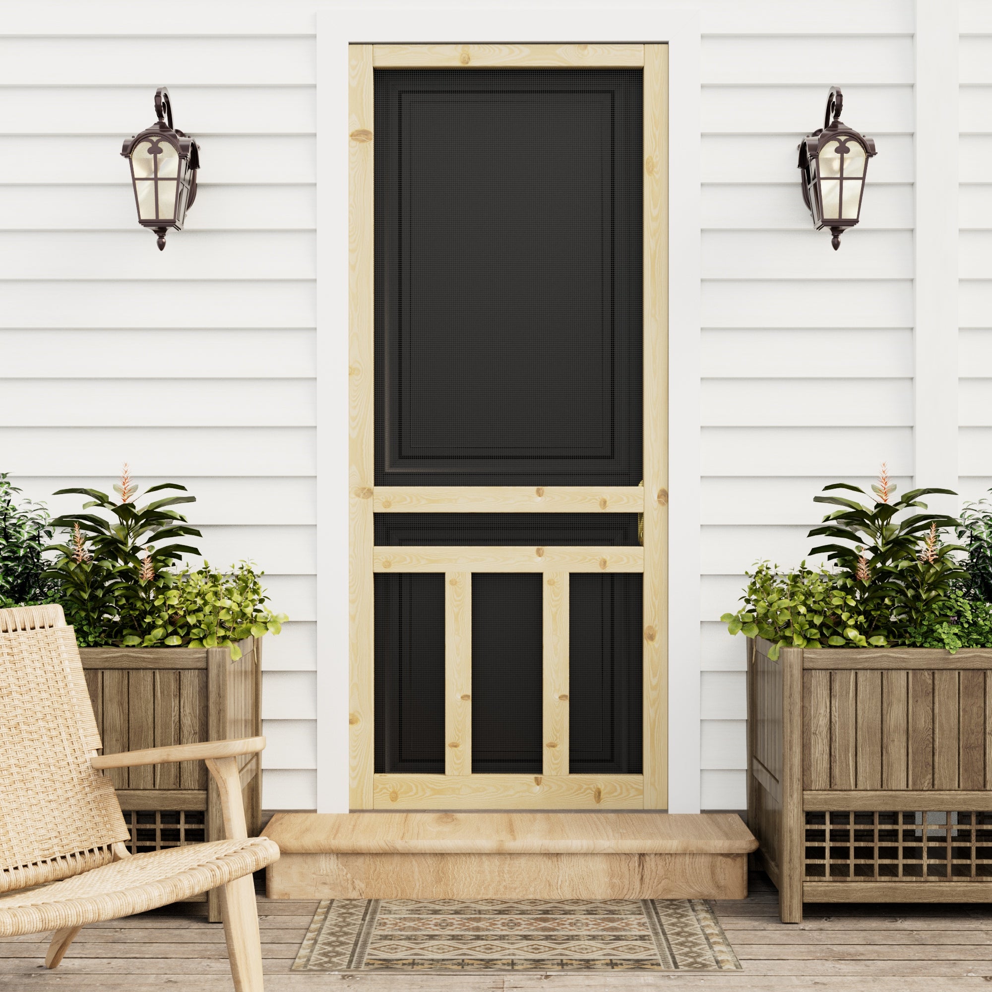 Ark Design Single Universal 3 Lite Paneled Railing Style Unfinished Pine Wood and Gauze Mesh Hinged Screen Door