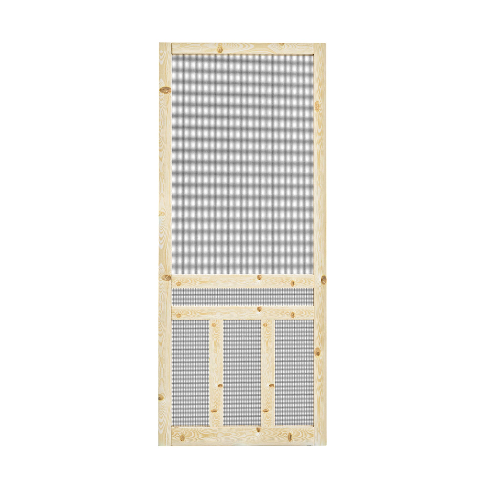Ark Design Single Universal 3 Lite Paneled Railing Style Unfinished Pine Wood and Gauze Mesh Hinged Screen Door