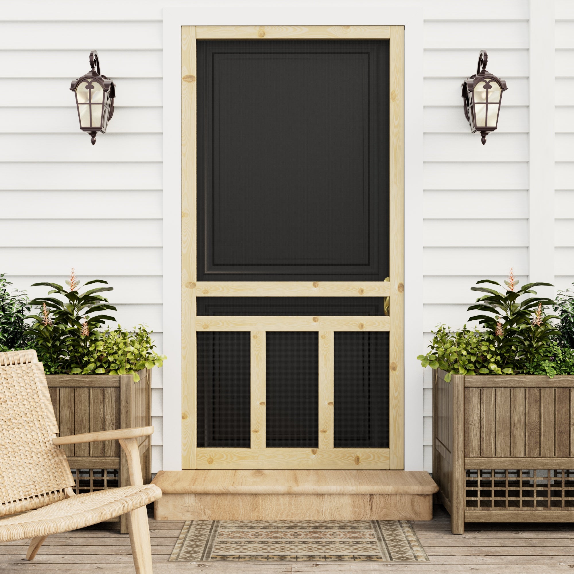 Ark Design Single Universal 3 Lite Paneled Railing Style Unfinished Pine Wood and Gauze Mesh Hinged Screen Door
