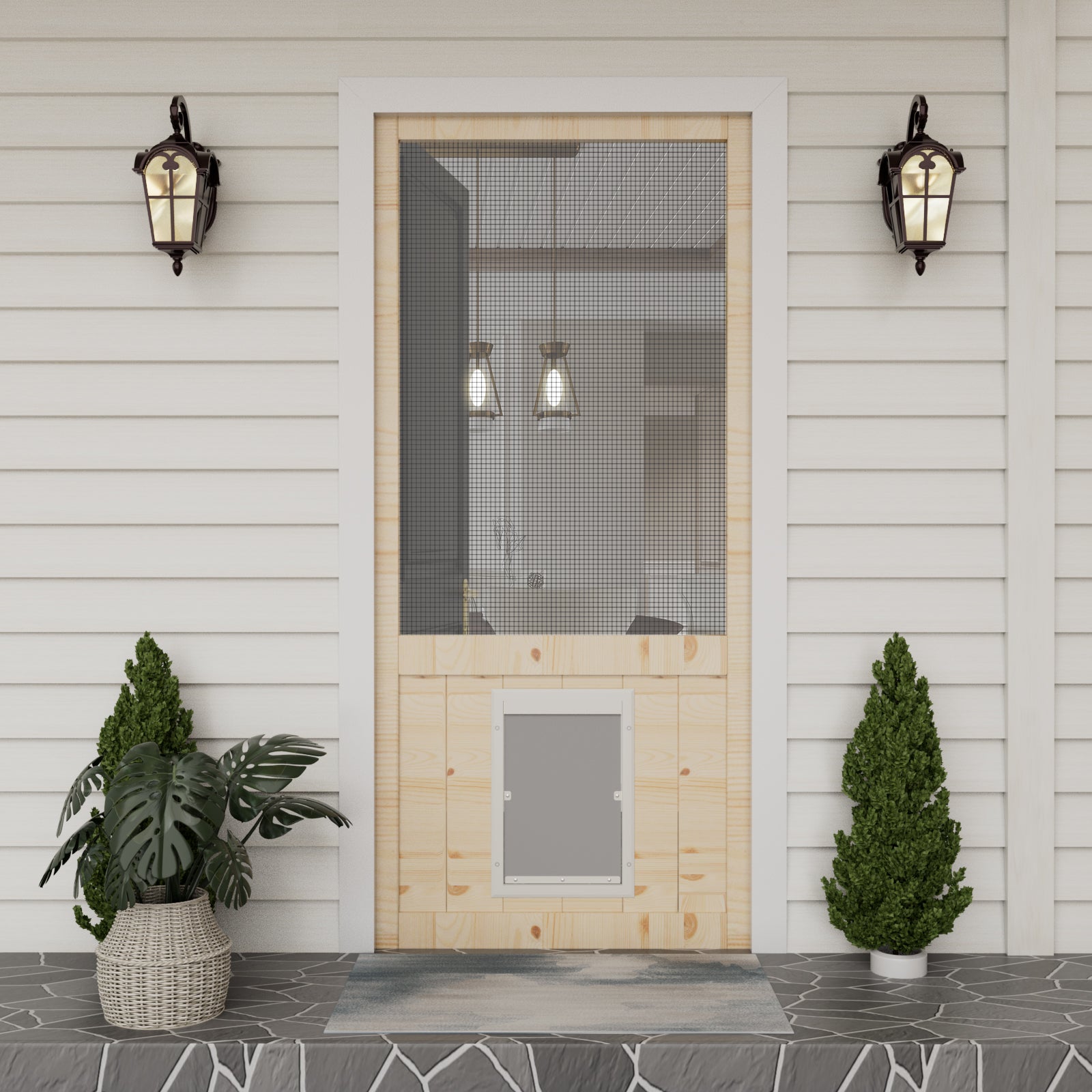 Ark Design Single Universal Paneled Unfinished Pine Wood and Gauze Mesh Hinged Screen Door with Pet Door