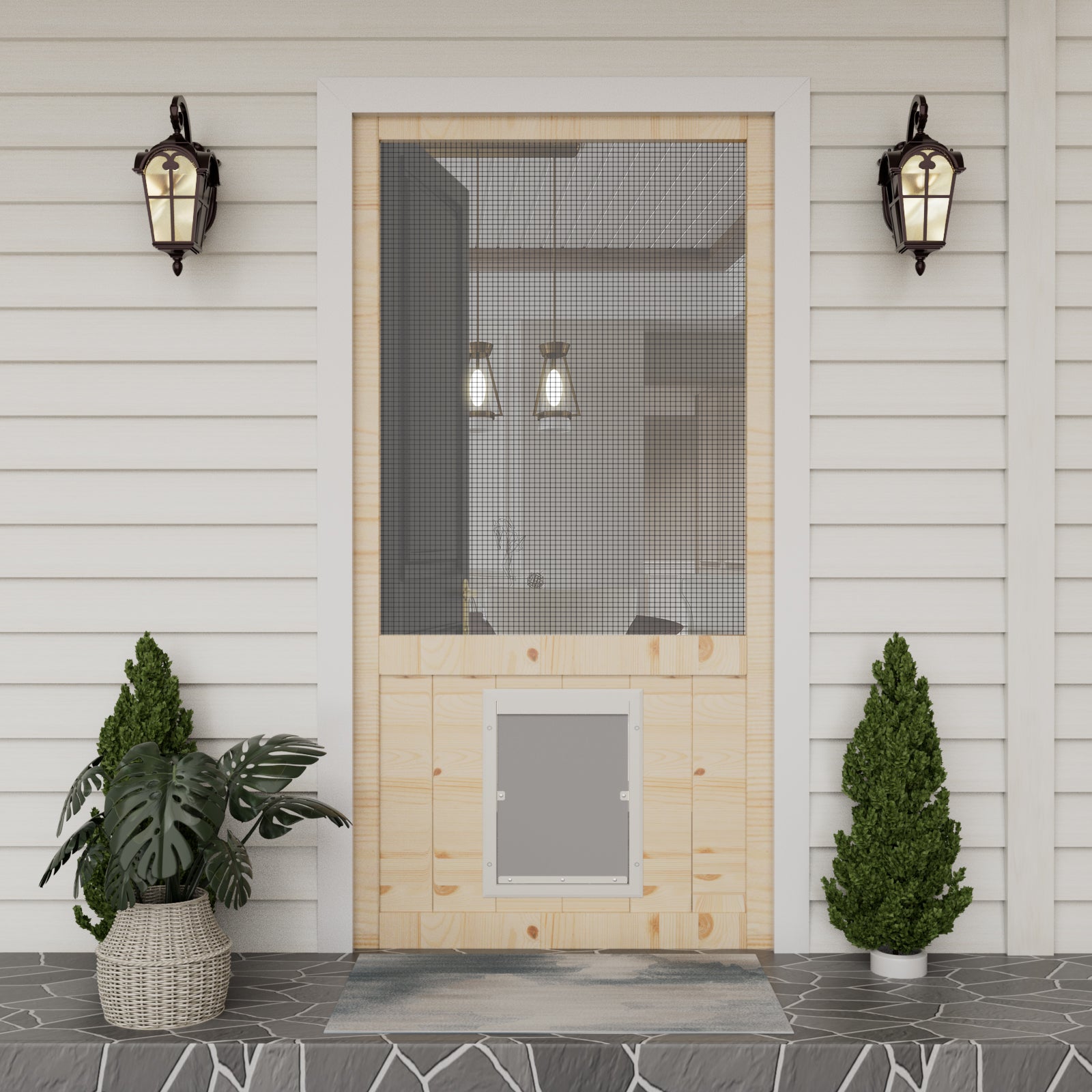 Ark Design Single Universal Paneled Unfinished Pine Wood and Gauze Mesh Hinged Screen Door with Pet Door