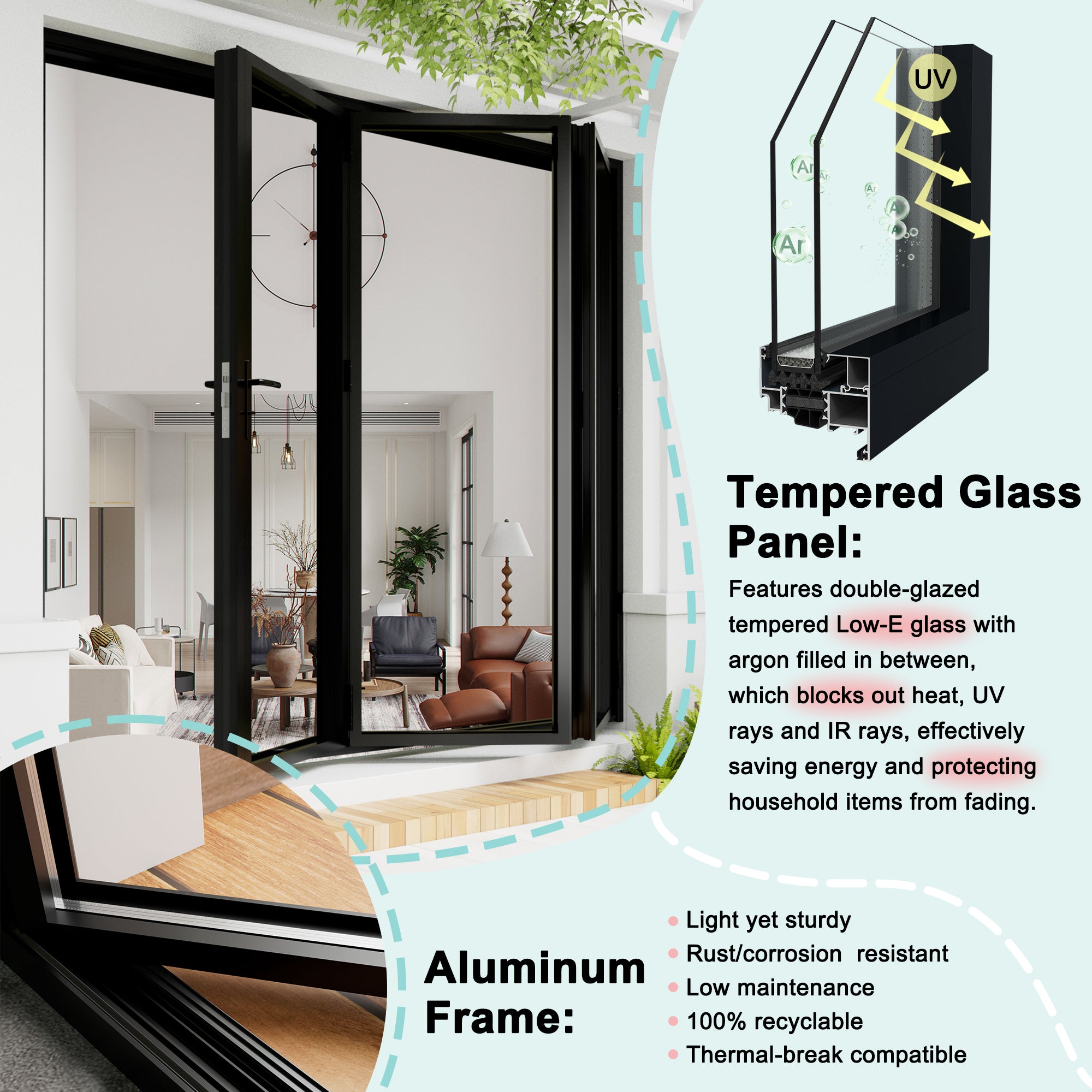 Ark Design Black 2 Panel Outswing Double Tempered Glass Aluminum Folding Patio Door