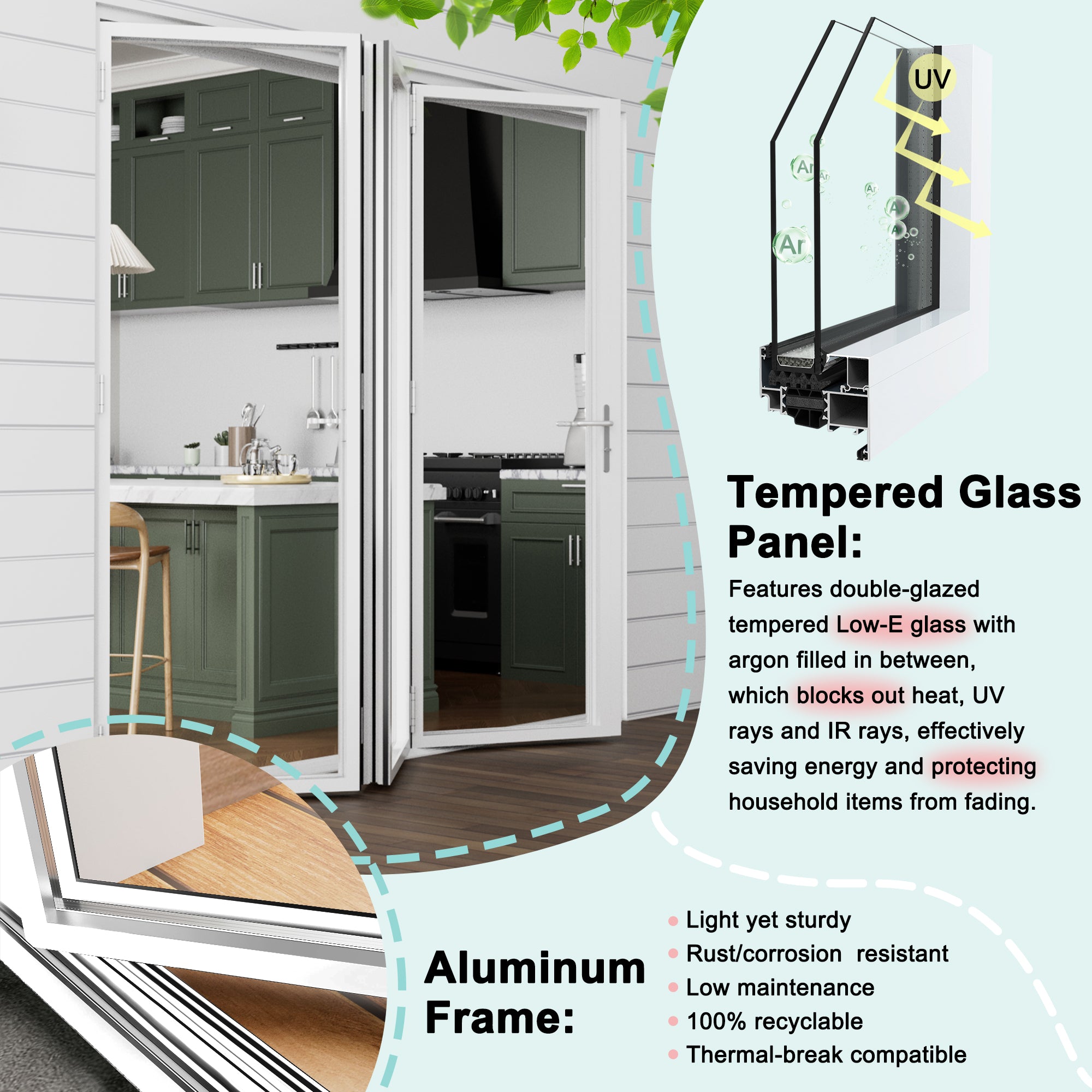 Ark Design White 2 Panel Outswing Double Tempered Glass Aluminum Folding Patio Door