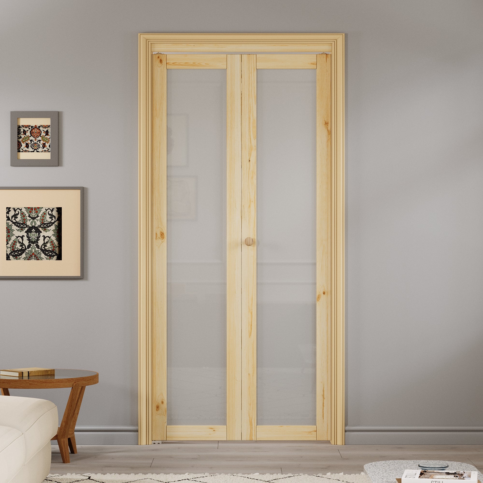 Ark Design 1-Lite Glass Solid Core Unfinished Pine Wood Interior Closet Bi-Fold Door with Hardware