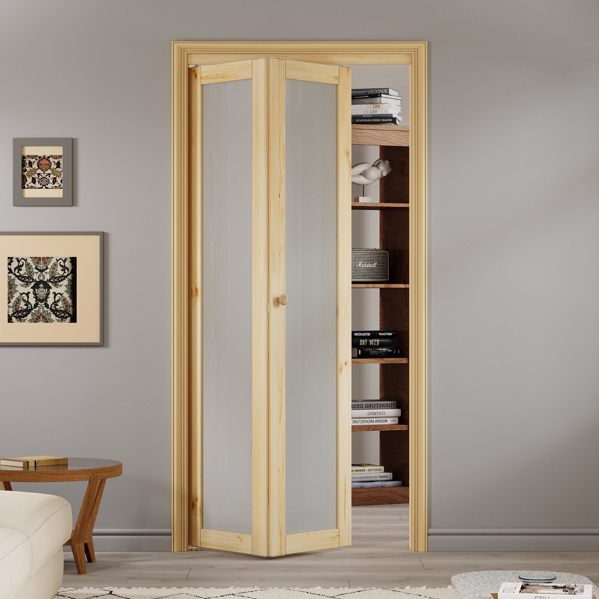 Ark Design 1-Lite Glass Solid Core Unfinished Pine Wood Interior Closet Bi-Fold Door with Hardware