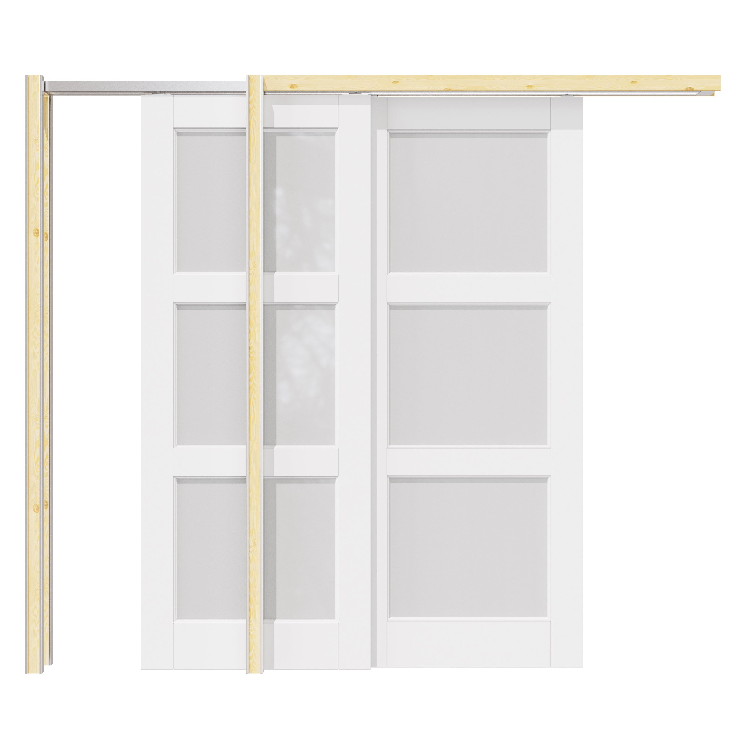 Ark Design 3 Lite Frosted Glass Double Bypass Pocket Door with Hardware Kit & Soft Close & Frame, Solid Core MDF Wood & Paint-grade Finished, White