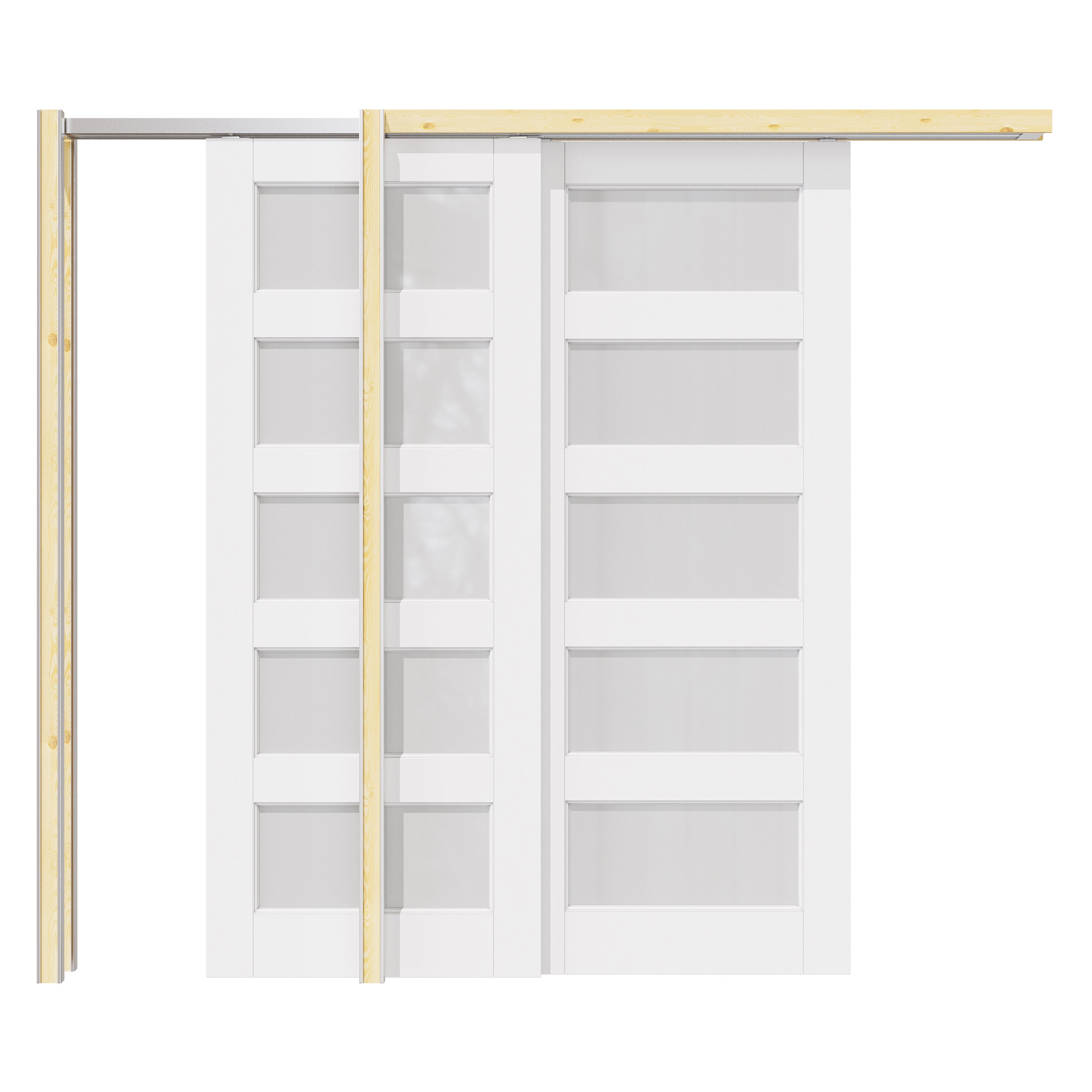 Ark Design 5 Lite Frosted Glass Double Bypass Pocket Door with Hardware Kit & Soft Close & Frame, Solid Core MDF Wood & Paint-grade Finished, White