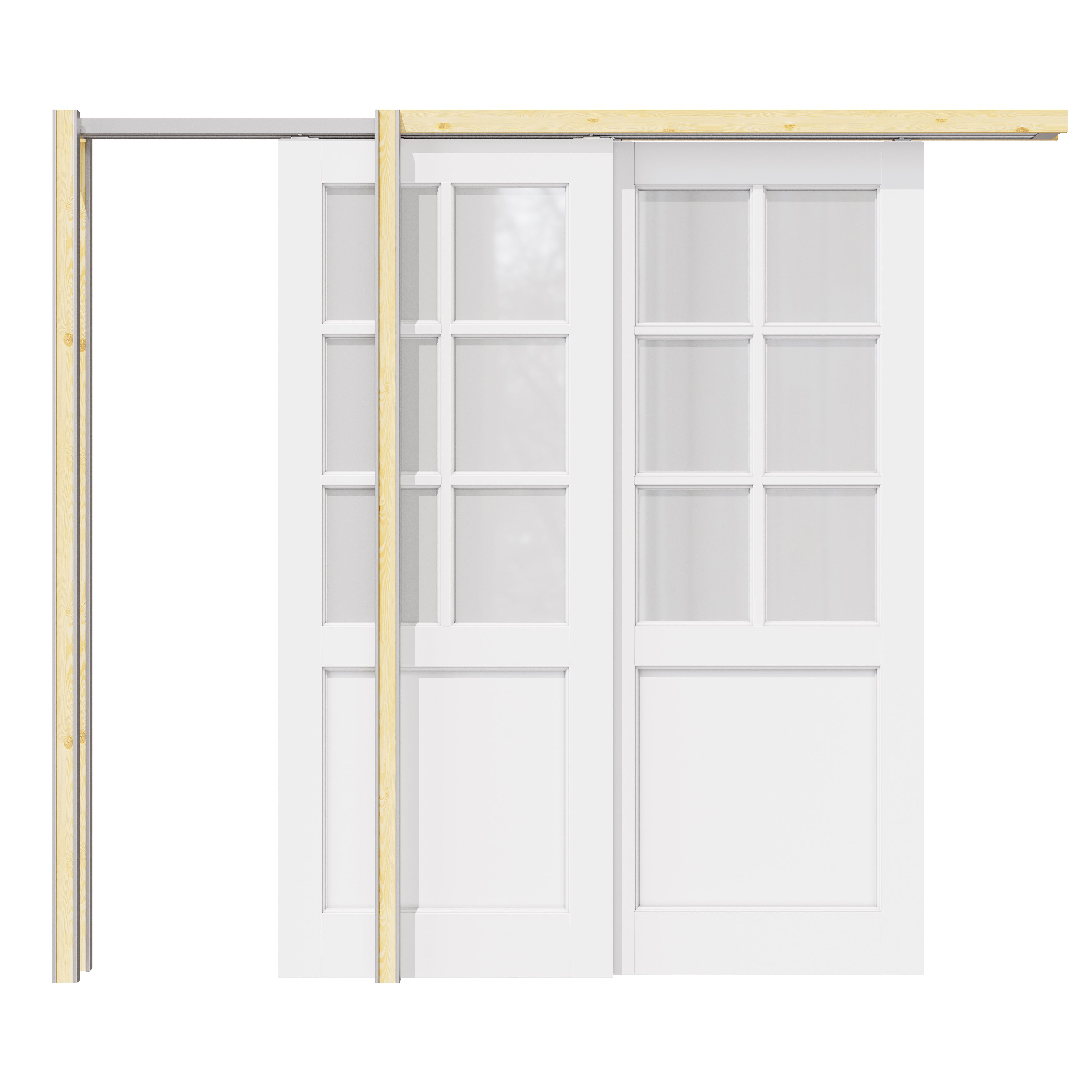 Ark Design 6 Lite Frosted Glass Double Bypass Pocket Door with Hardware Kit & Soft Close & Frame, Solid Core MDF Wood & Paint-grade Finished, White